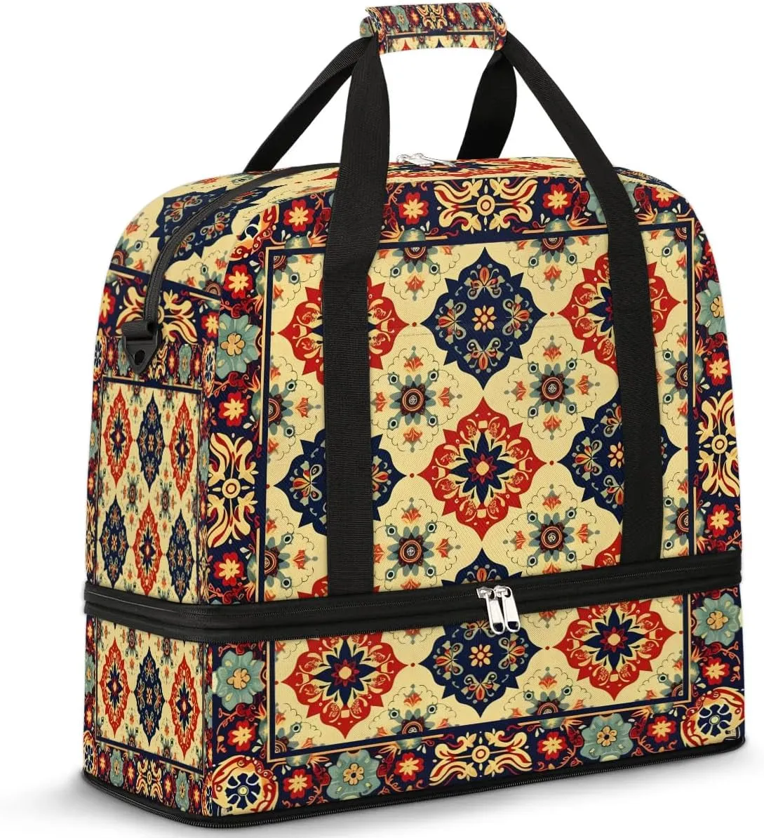 Boho Retro Colorful Patterns Travel Duffle Bag, Collapsible Travel Bag Sports Gym Bag With Shoes Compartment Weekender Bag Overnight Bag For Women Men