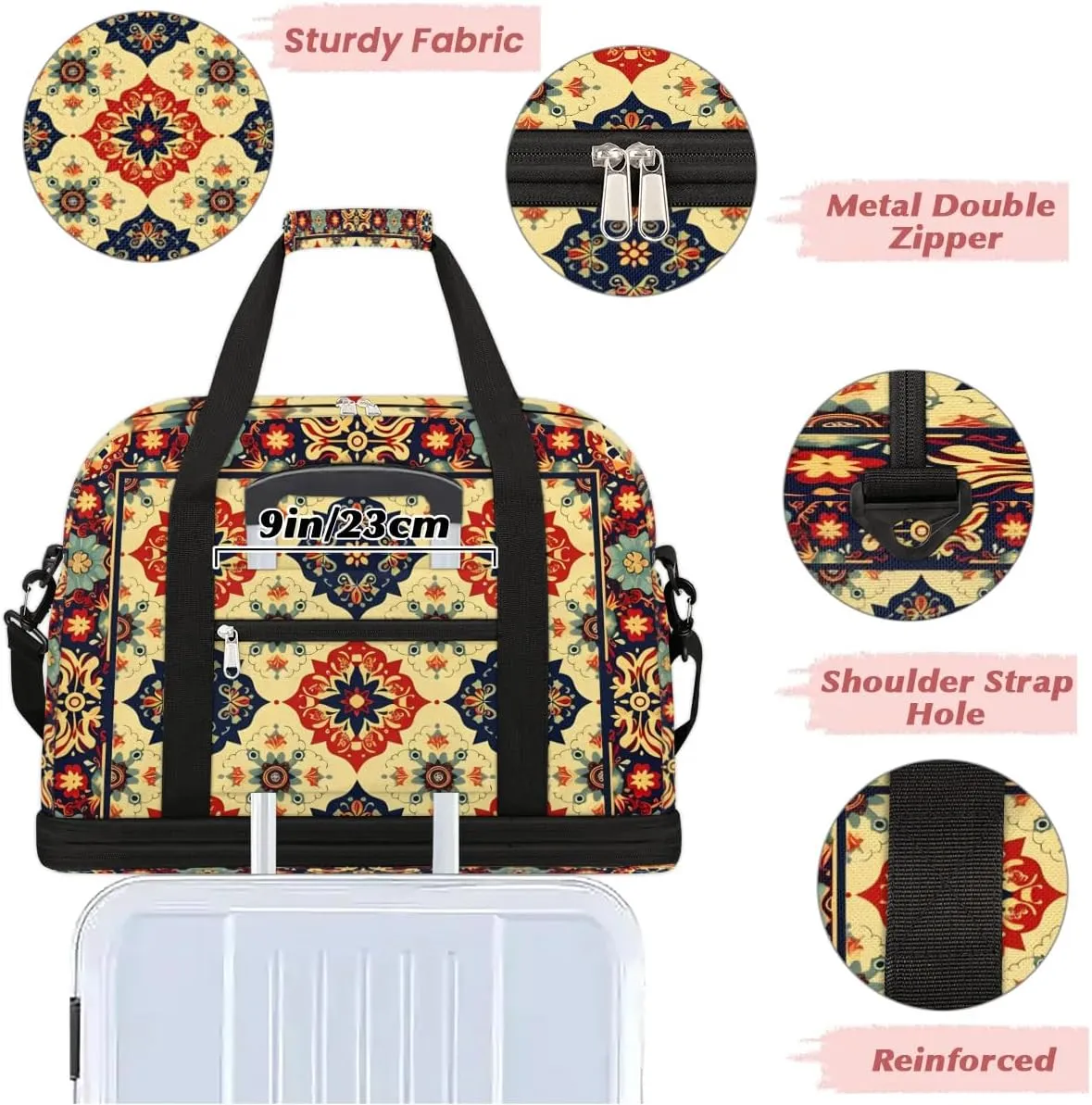Boho Retro Colorful Patterns Travel Duffle Bag, Collapsible Travel Bag Sports Gym Bag With Shoes Compartment Weekender Bag Overnight Bag For Women Men