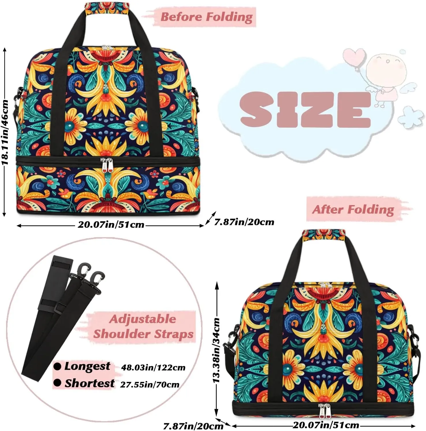 Boho Retro Colorful Printings Travel Duffle Bag, Collapsible Travel Bag Sports Gym Bag With Shoes Compartment Weekender Bag Overnight Bag For Women Men