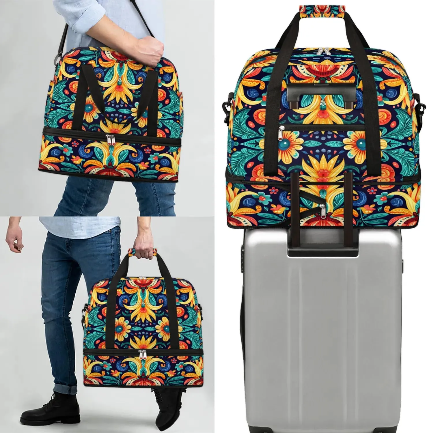 Boho Retro Colorful Printings Travel Duffle Bag, Collapsible Travel Bag Sports Gym Bag With Shoes Compartment Weekender Bag Overnight Bag For Women Men