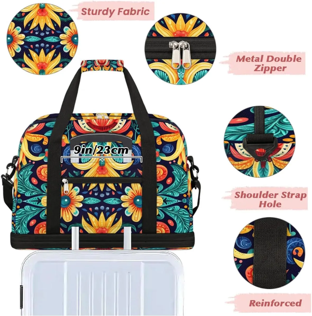 Boho Retro Colorful Printings Travel Duffle Bag, Collapsible Travel Bag Sports Gym Bag With Shoes Compartment Weekender Bag Overnight Bag For Women Men