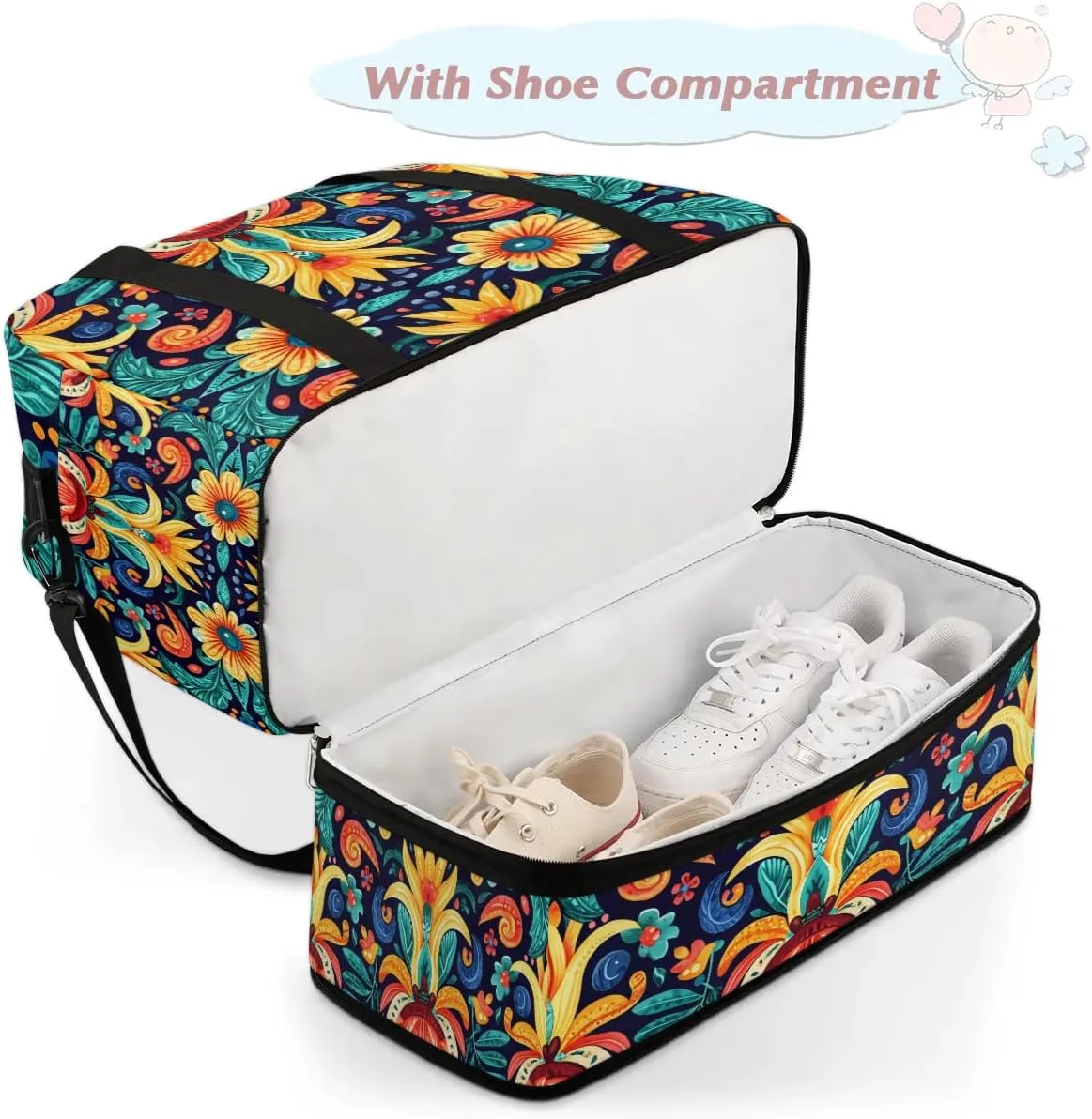 Boho Retro Colorful Printings Travel Duffle Bag, Collapsible Travel Bag Sports Gym Bag With Shoes Compartment Weekender Bag Overnight Bag For Women Men