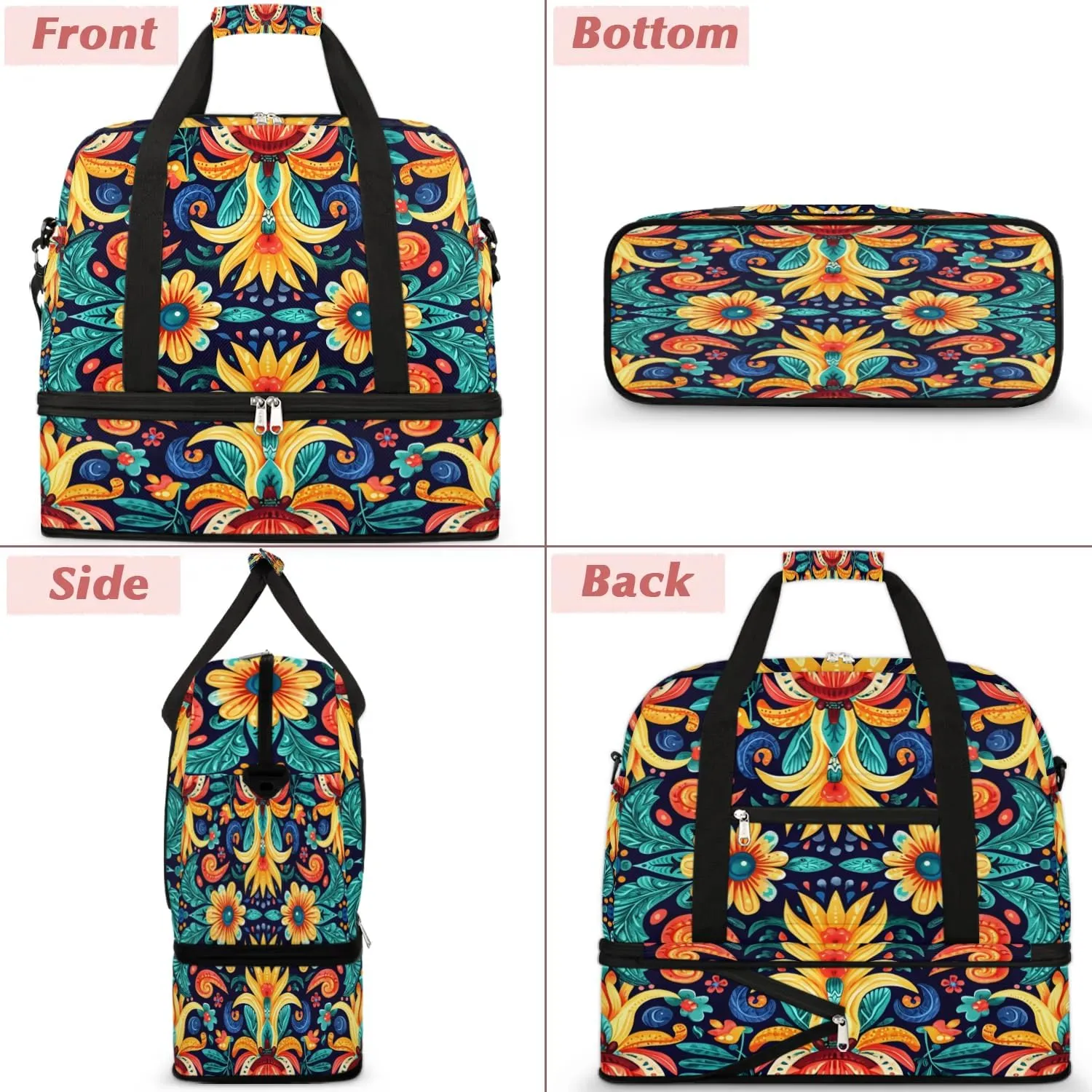 Boho Retro Colorful Printings Travel Duffle Bag, Collapsible Travel Bag Sports Gym Bag With Shoes Compartment Weekender Bag Overnight Bag For Women Men