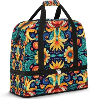 Boho Retro Colorful Printings Travel Duffle Bag, Collapsible Travel Bag Sports Gym Bag With Shoes Compartment Weekender Bag Overnight Bag For Women Men