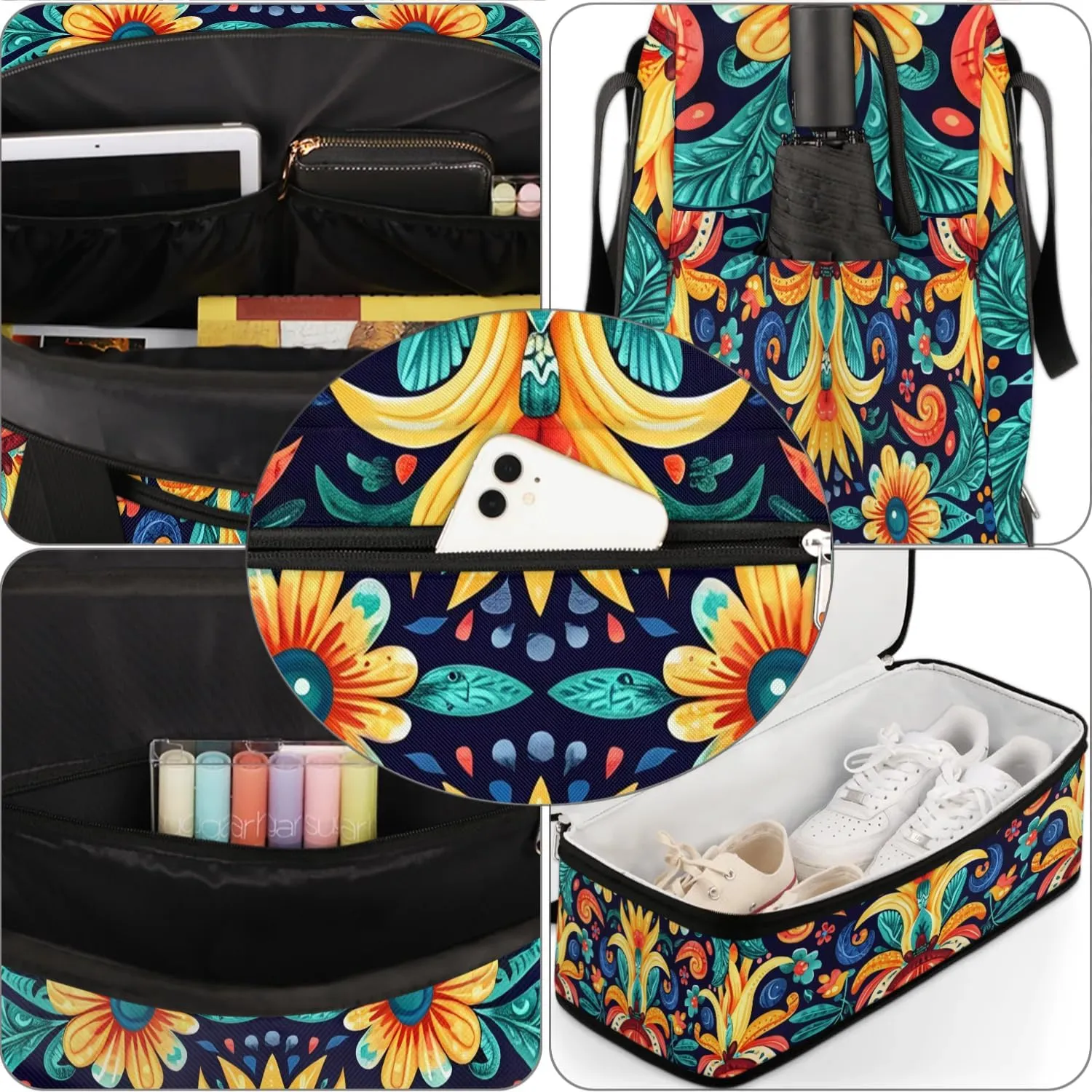 Boho Retro Colorful Printings Travel Duffle Bag, Collapsible Travel Bag Sports Gym Bag With Shoes Compartment Weekender Bag Overnight Bag For Women Men