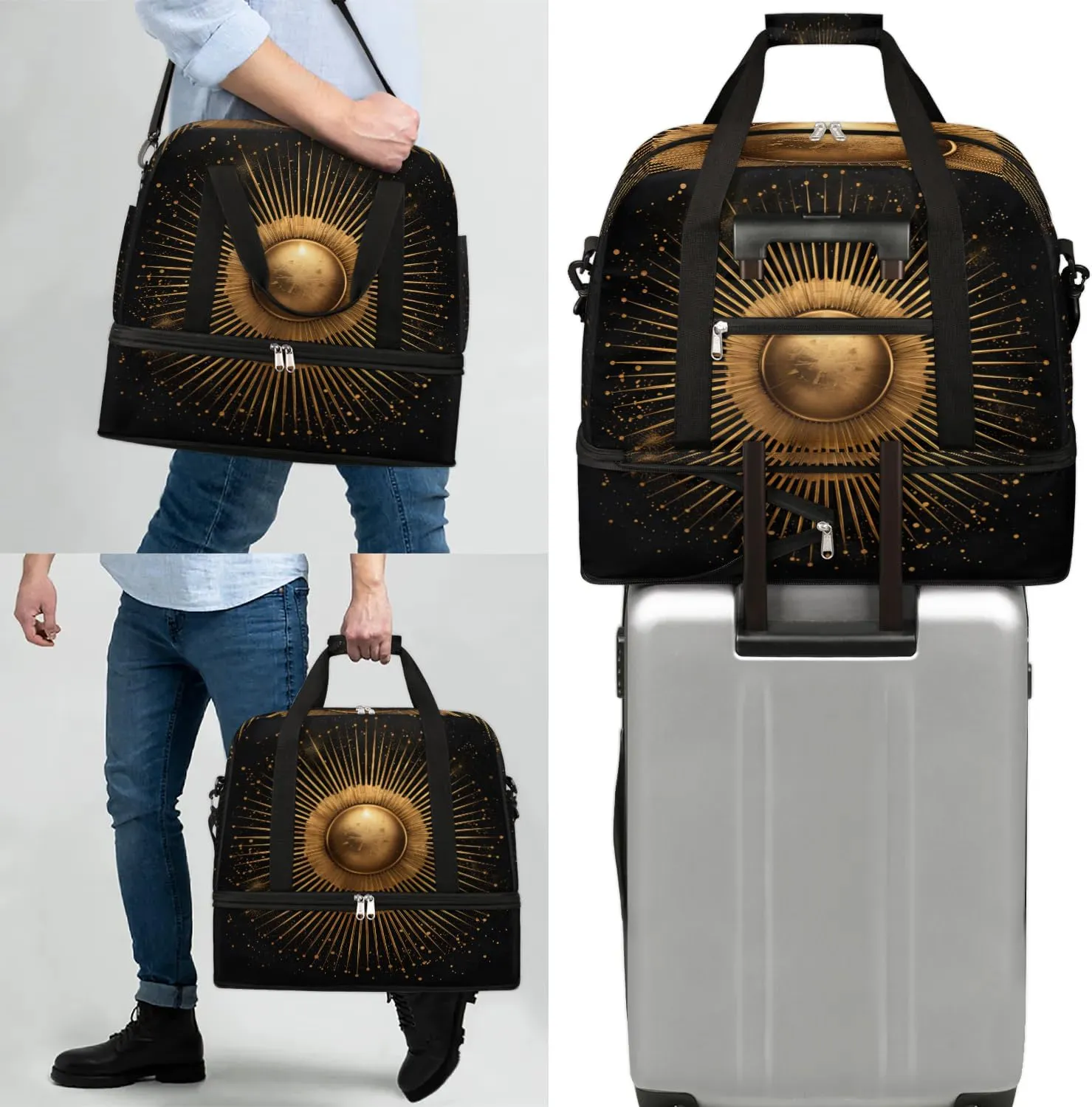 Boho Sun Print Retro Travel Duffle Bag, Collapsible Travel Bag Sports Gym Bag With Shoes Compartment Weekender Bag Overnight Bag For Women Men