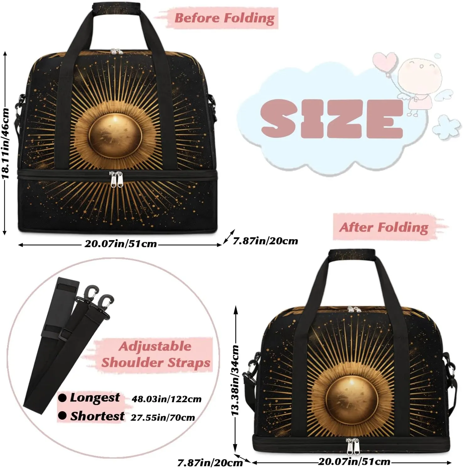 Boho Sun Print Retro Travel Duffle Bag, Collapsible Travel Bag Sports Gym Bag With Shoes Compartment Weekender Bag Overnight Bag For Women Men