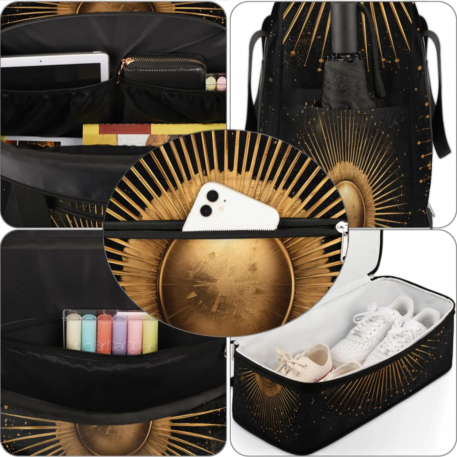 Boho Sun Print Retro Travel Duffle Bag, Collapsible Travel Bag Sports Gym Bag With Shoes Compartment Weekender Bag Overnight Bag For Women Men