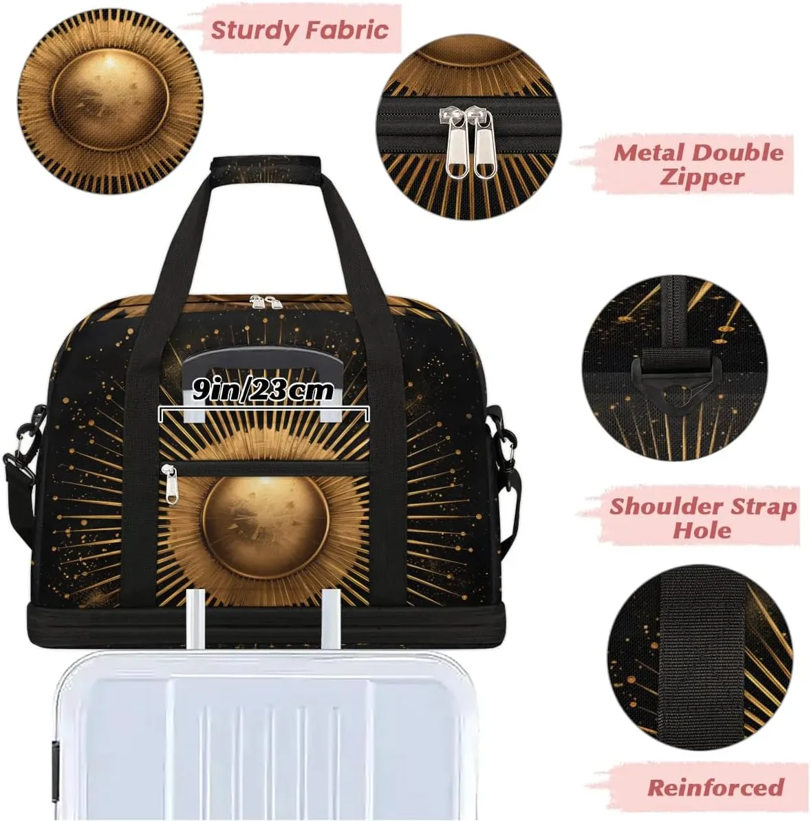 Boho Sun Print Retro Travel Duffle Bag, Collapsible Travel Bag Sports Gym Bag With Shoes Compartment Weekender Bag Overnight Bag For Women Men