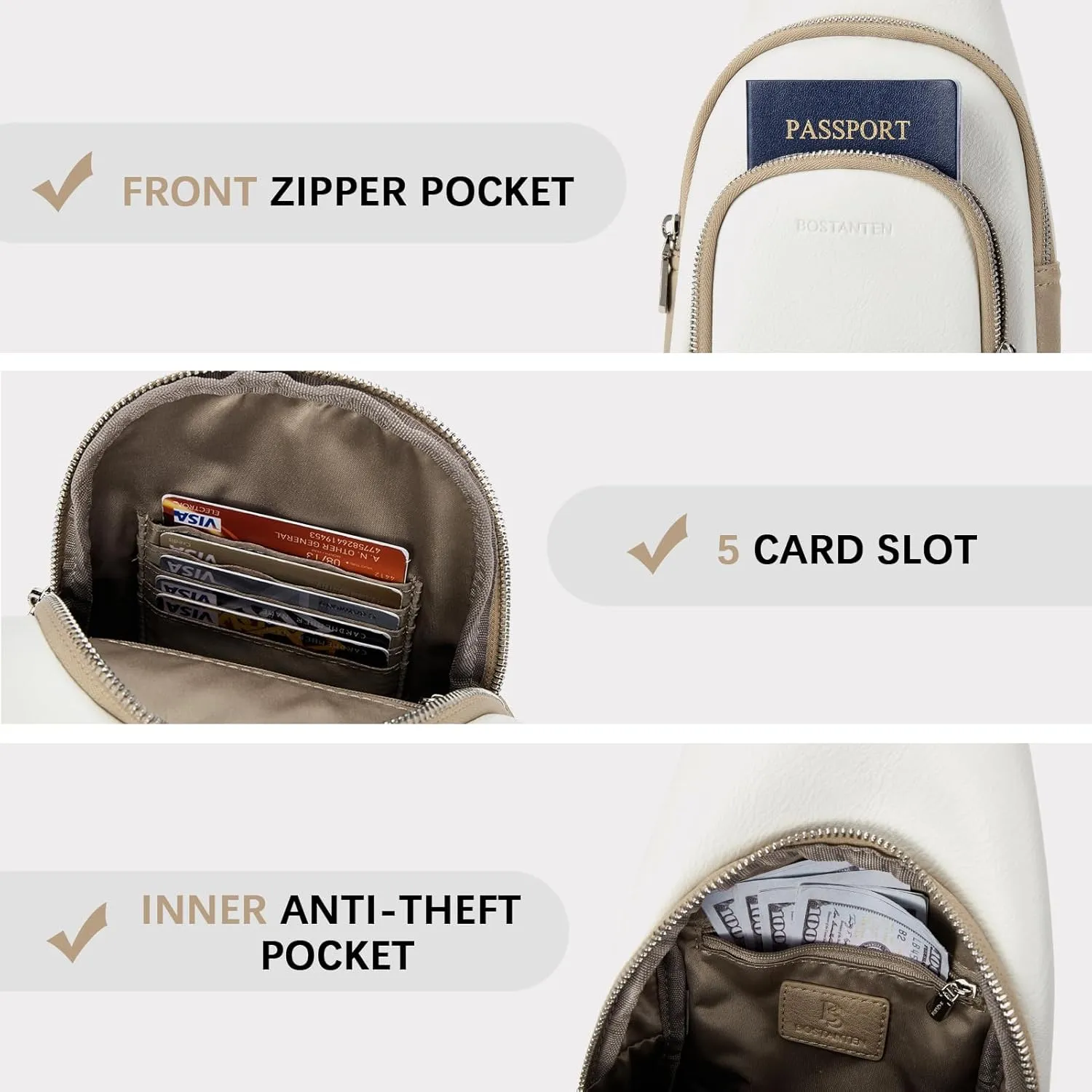 BOSTANTEN Sling Bag for Women Crossbody Purse Crossbody Bag Leather Chest Bag with Adjustable Guitar Strap for Travel