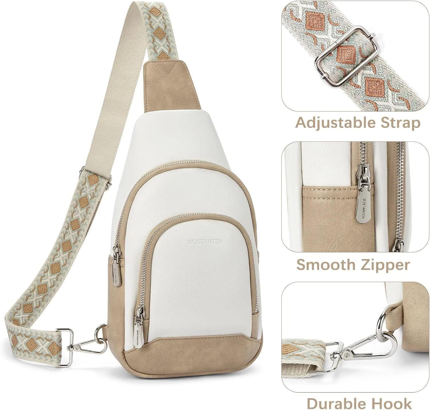 BOSTANTEN Sling Bag for Women Crossbody Purse Crossbody Bag Leather Chest Bag with Adjustable Guitar Strap for Travel