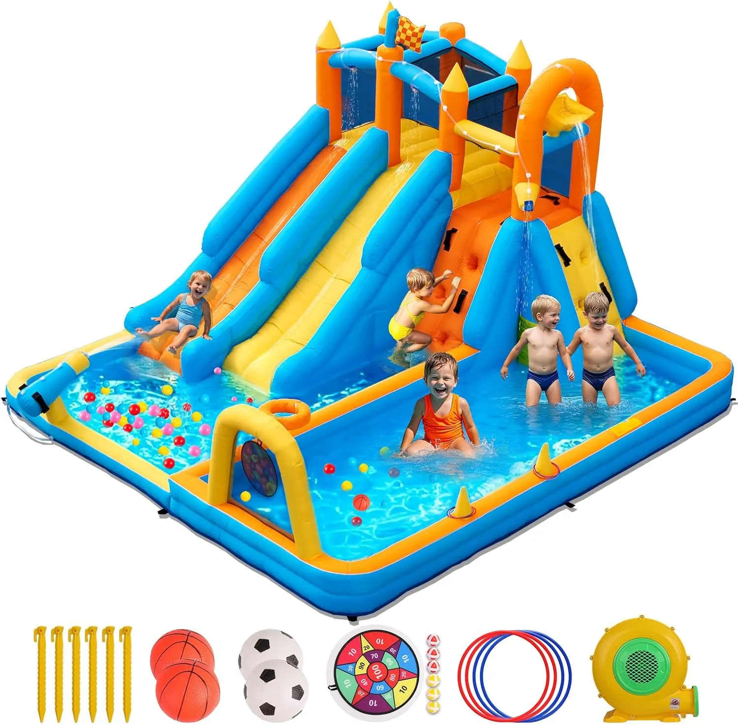 Bounce House Water Slide, 9 in 1 Inflatable Double Water Slide for Kids, Water Park with Blower, Circle, Water Tank, Soccer Goal, Climbing Wall, Basketball Hoop, Blow Up Water Slides Backyard