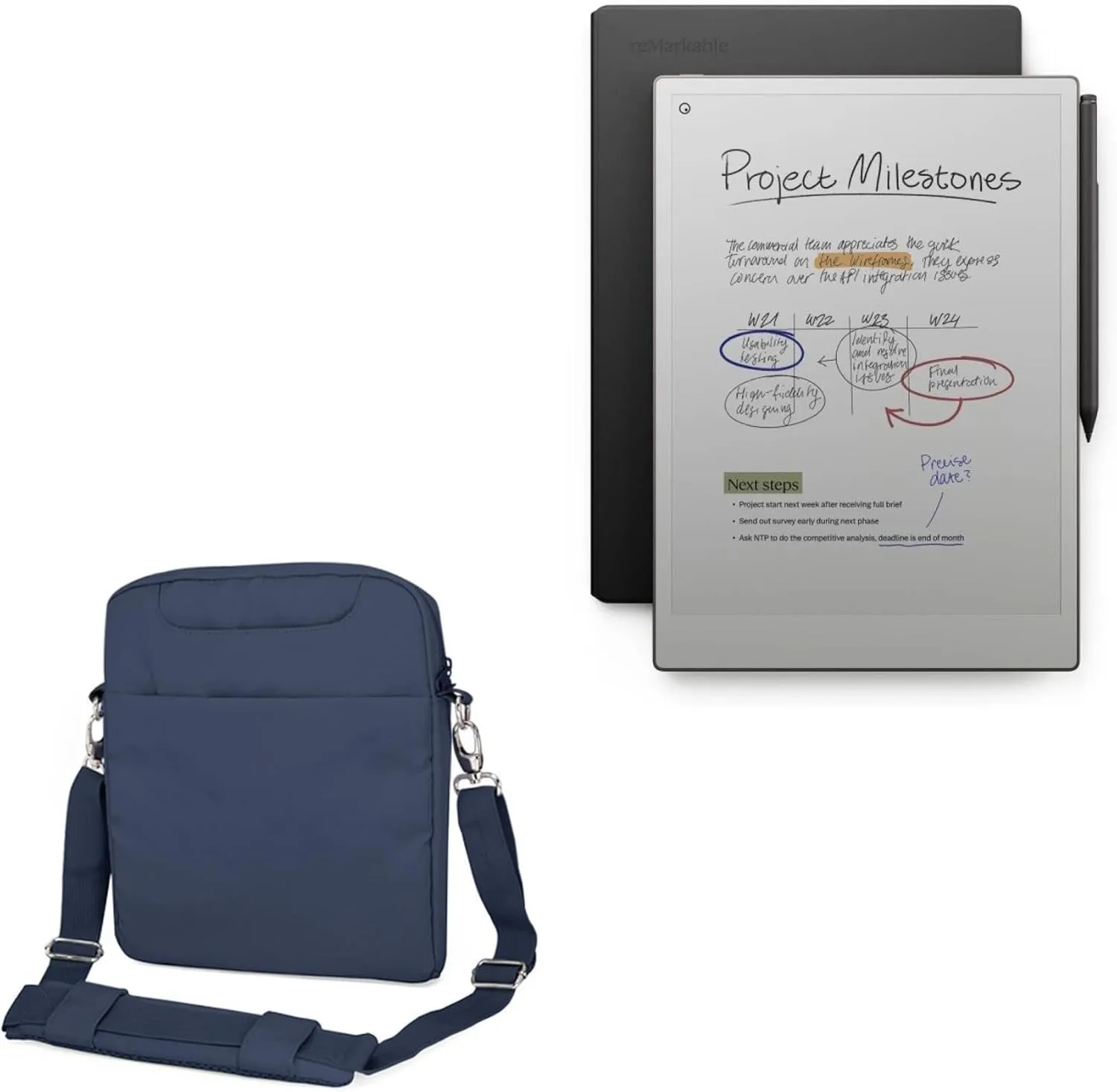 BoxWave Case Compatible with Remarkable Paper Pro - Encompass Urban Bag, Over Shoulder Messenger Straps Handle Bag Pockets - Navy