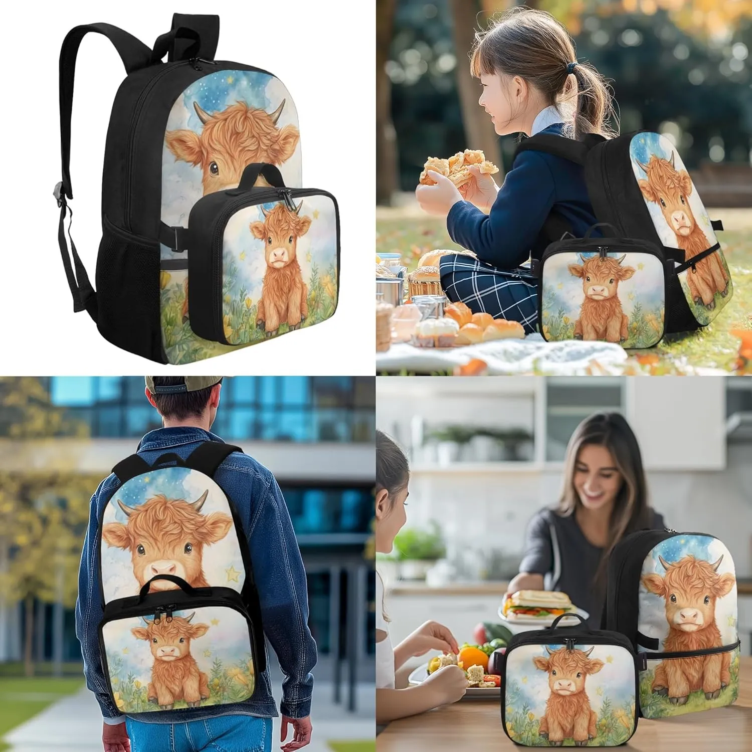 Boys Backpack and Lunch Box Set Highland Cow Backpacks for Girls 12-14 Lightweight 4 in 1 Set Boys School Bags for 5th Grade Primary Student Casual Kids Backpack