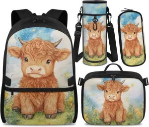 Boys Backpack and Lunch Box Set Highland Cow Backpacks for Girls 12-14 Lightweight 4 in 1 Set Boys School Bags for 5th Grade Primary Student Casual Kids Backpack
