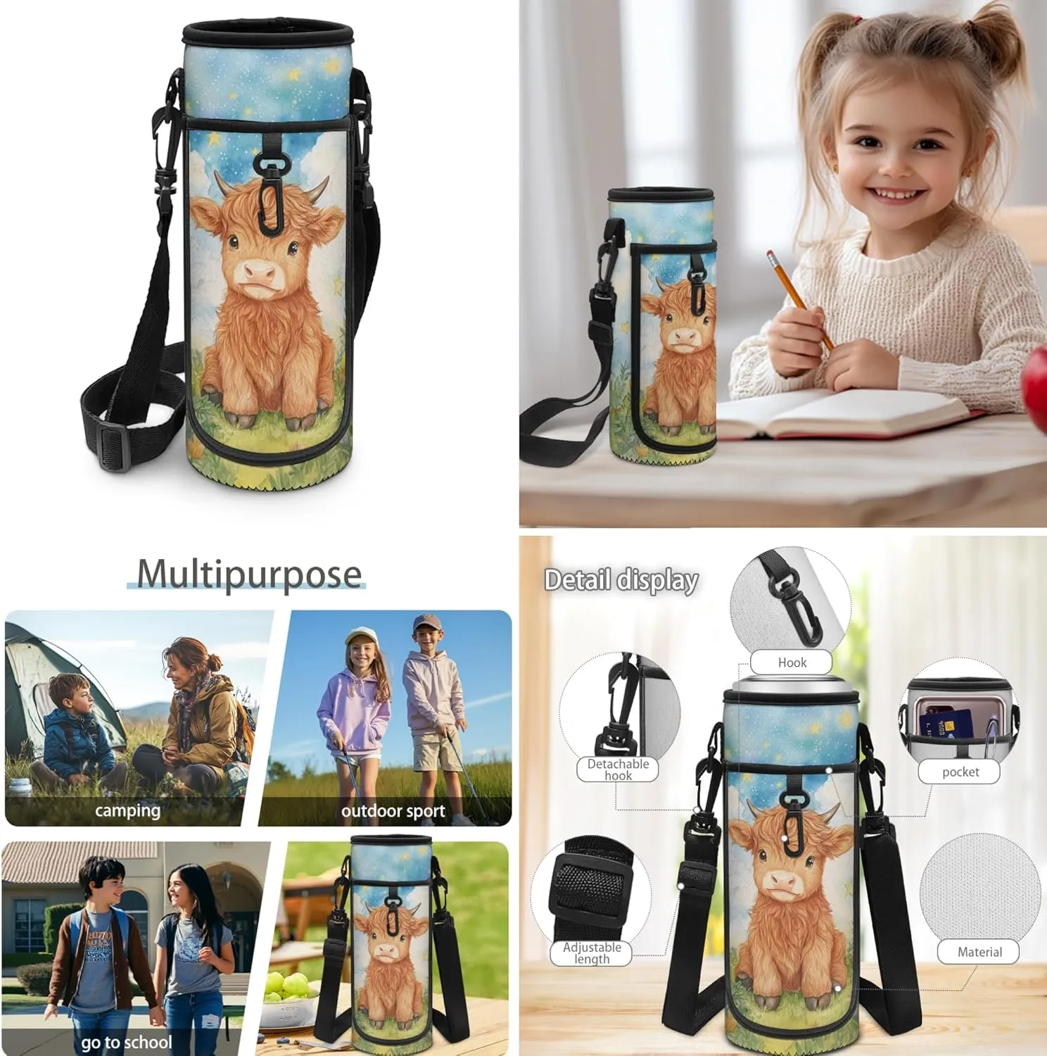 Boys Backpack and Lunch Box Set Highland Cow Backpacks for Girls 12-14 Lightweight 4 in 1 Set Boys School Bags for 5th Grade Primary Student Casual Kids Backpack