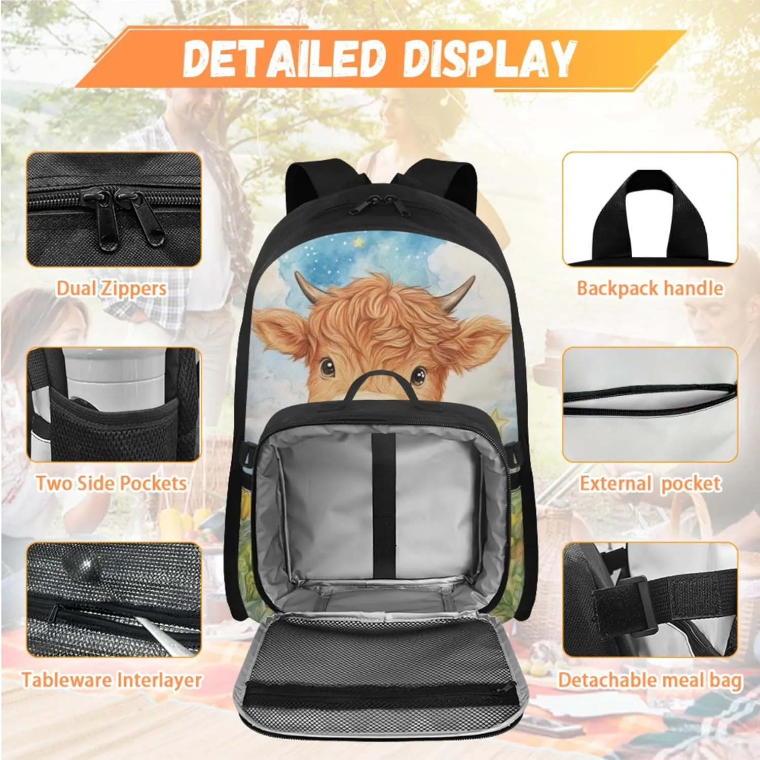 Boys Backpack and Lunch Box Set Highland Cow Backpacks for Girls 12-14 Lightweight 4 in 1 Set Boys School Bags for 5th Grade Primary Student Casual Kids Backpack