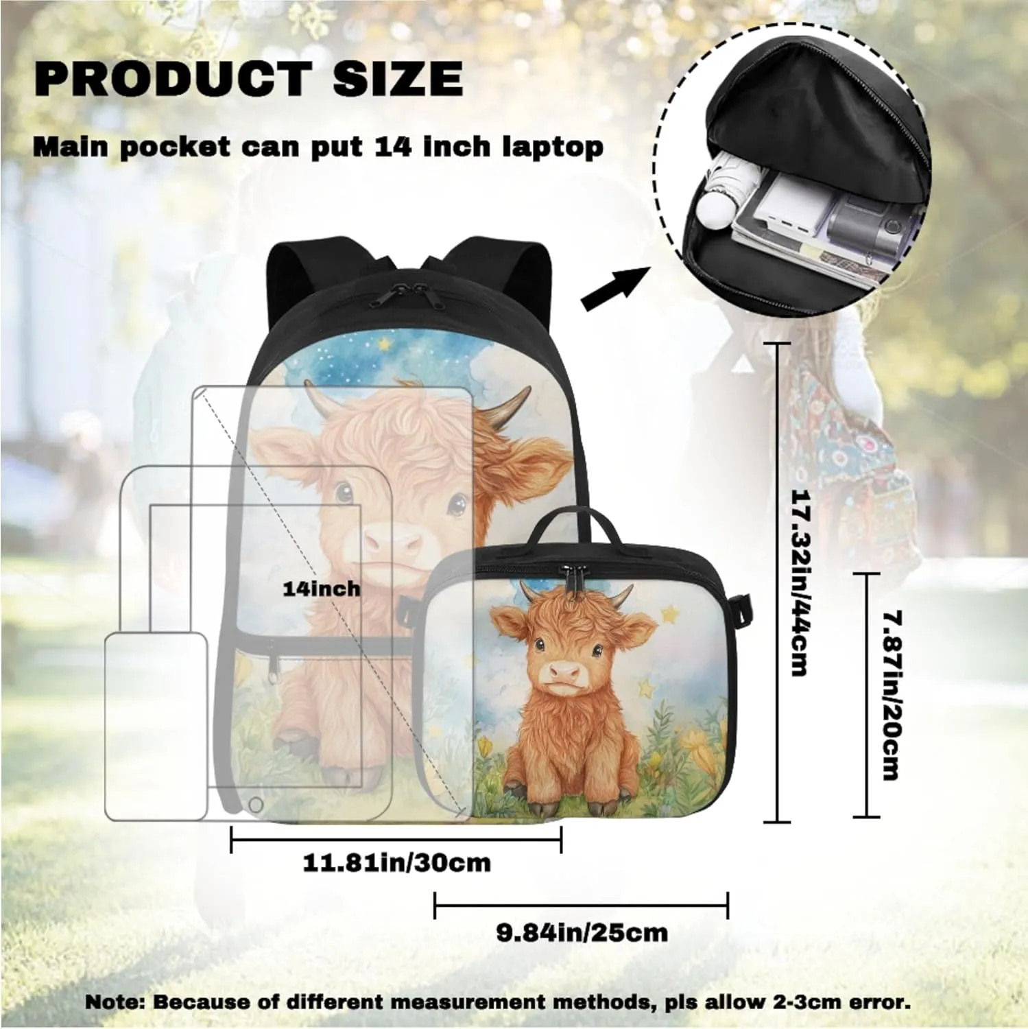 Boys Backpack and Lunch Box Set Highland Cow Backpacks for Girls 12-14 Lightweight 4 in 1 Set Boys School Bags for 5th Grade Primary Student Casual Kids Backpack