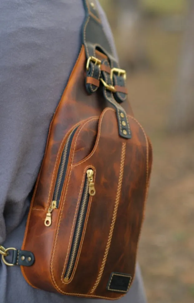 Brown Leather Sling Bag With Adjustable Strap