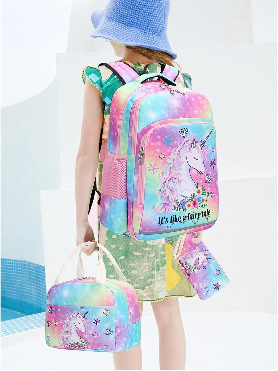 BTOOP Girls Backpack Kids Boys Elementary Bookbag Girly School Bag with Insulated Lunch Tote and Pencil Pouch