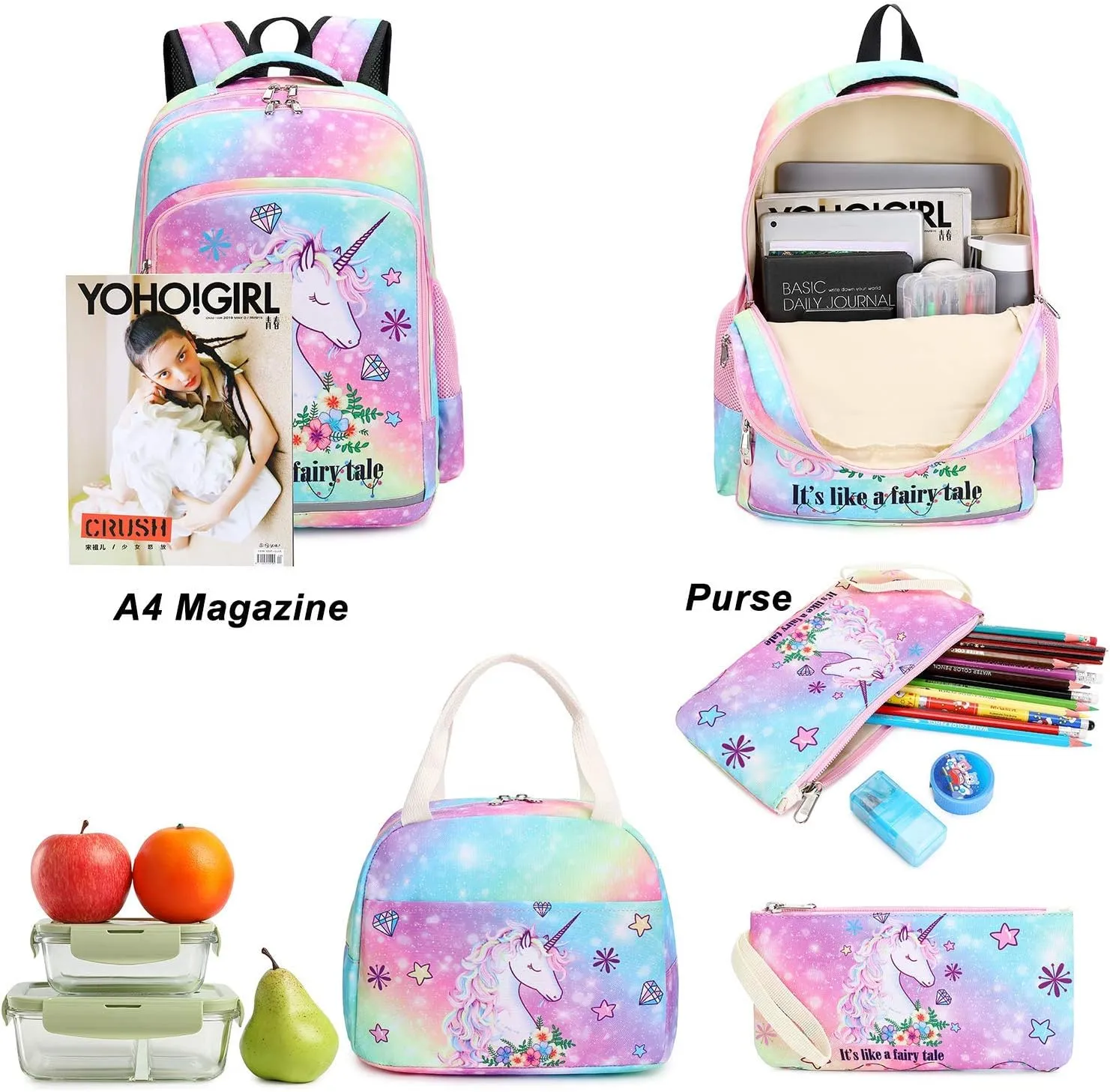 BTOOP Girls Backpack Kids Boys Elementary Bookbag Girly School Bag with Insulated Lunch Tote and Pencil Pouch