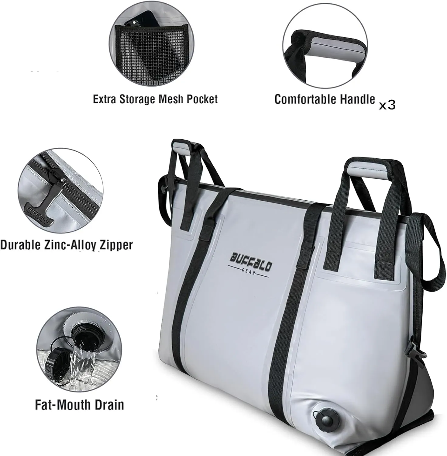 Buffalo Gear Insulated Fish Cooler - 27.5QT 58QT Waterproof Flat Bottom Bag, Leakproof and Fishing Kill Bag