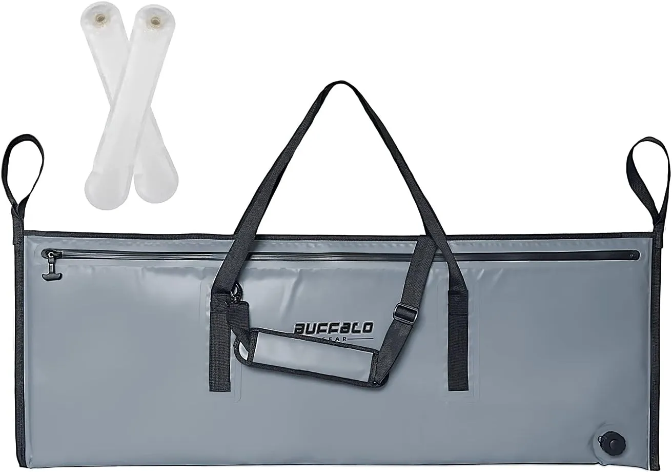 Buffalo Gear Insulated Fish Cooler 48x18in, Leakproof Kill Bag with 2 Reusable Cooler Ice Packs, Portable Waterproof Fish Bag with Adjustable Shoulder Strap, Keeps Ice-cold More than 48 Hours