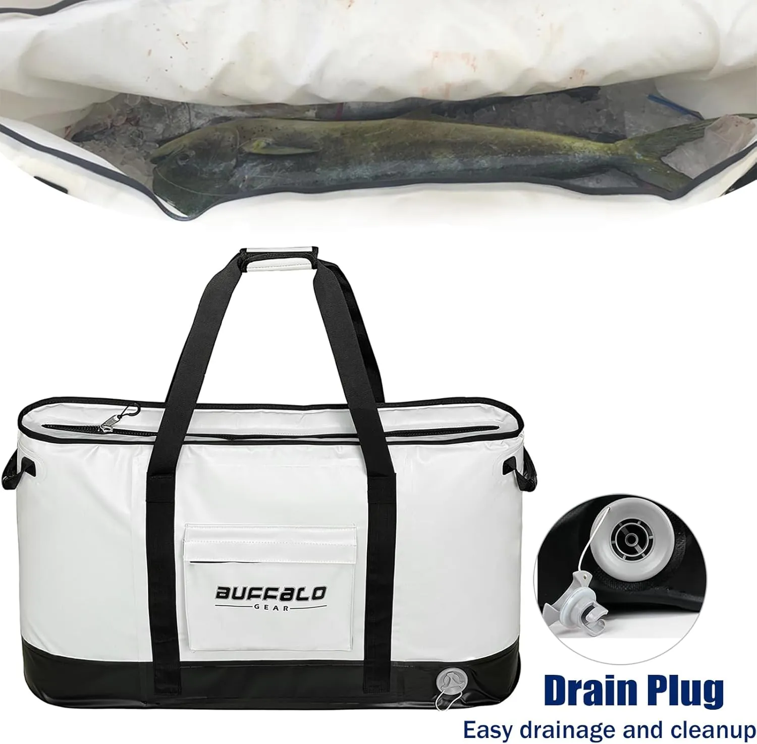 Buffalo Gear Insulated Fish Cooler Bag 106Qt Fish Kill Bag with YKK Zipper, Flat Bottorm Fishing Bag Keep Your Catch Cool and Fresh All Day