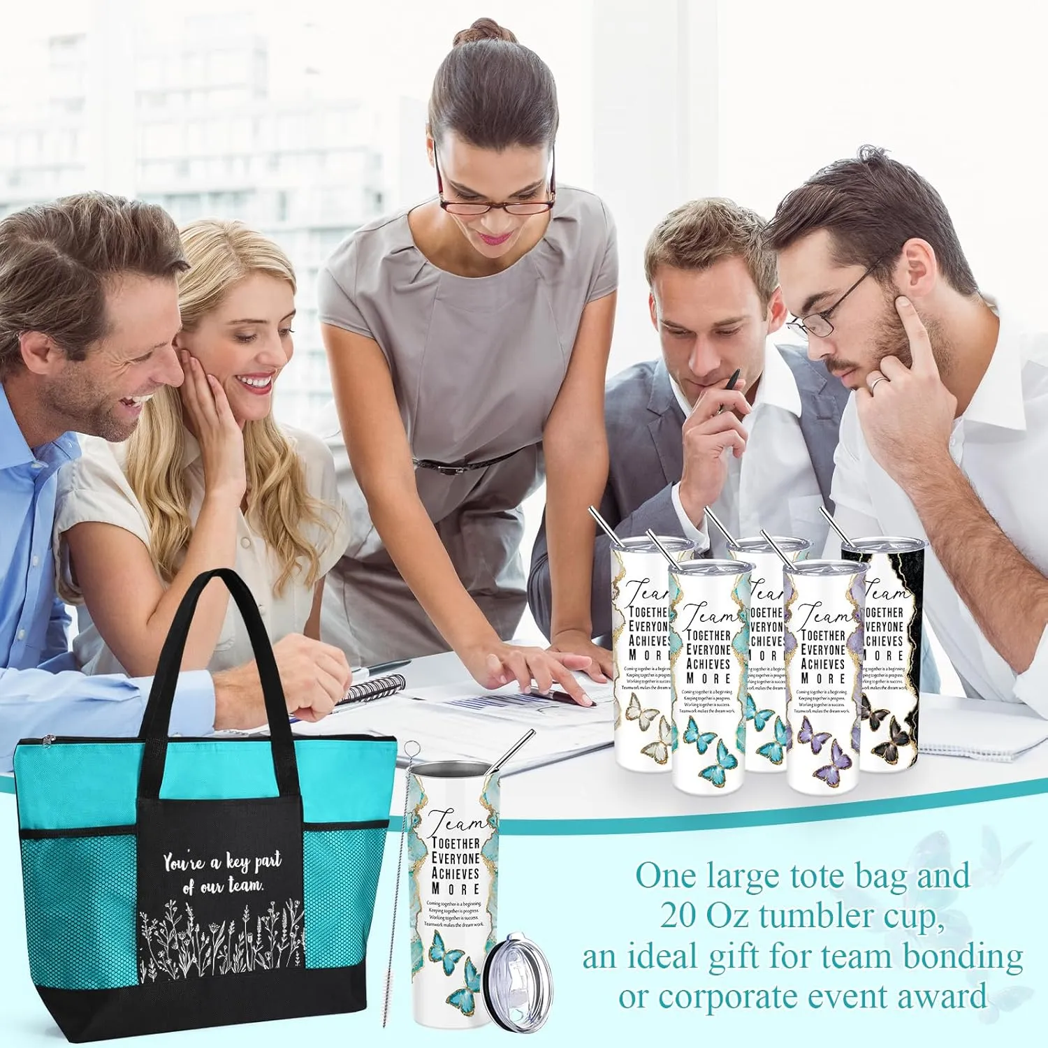 Buryeah 2 Pcs Employee Appreciation Week Gift for Team Staff 20 oz Marble Tumbler with Lid Large Tote Bag with Mesh Pockets Administrative Office Business Gift for Assistant Volunteer(Green)