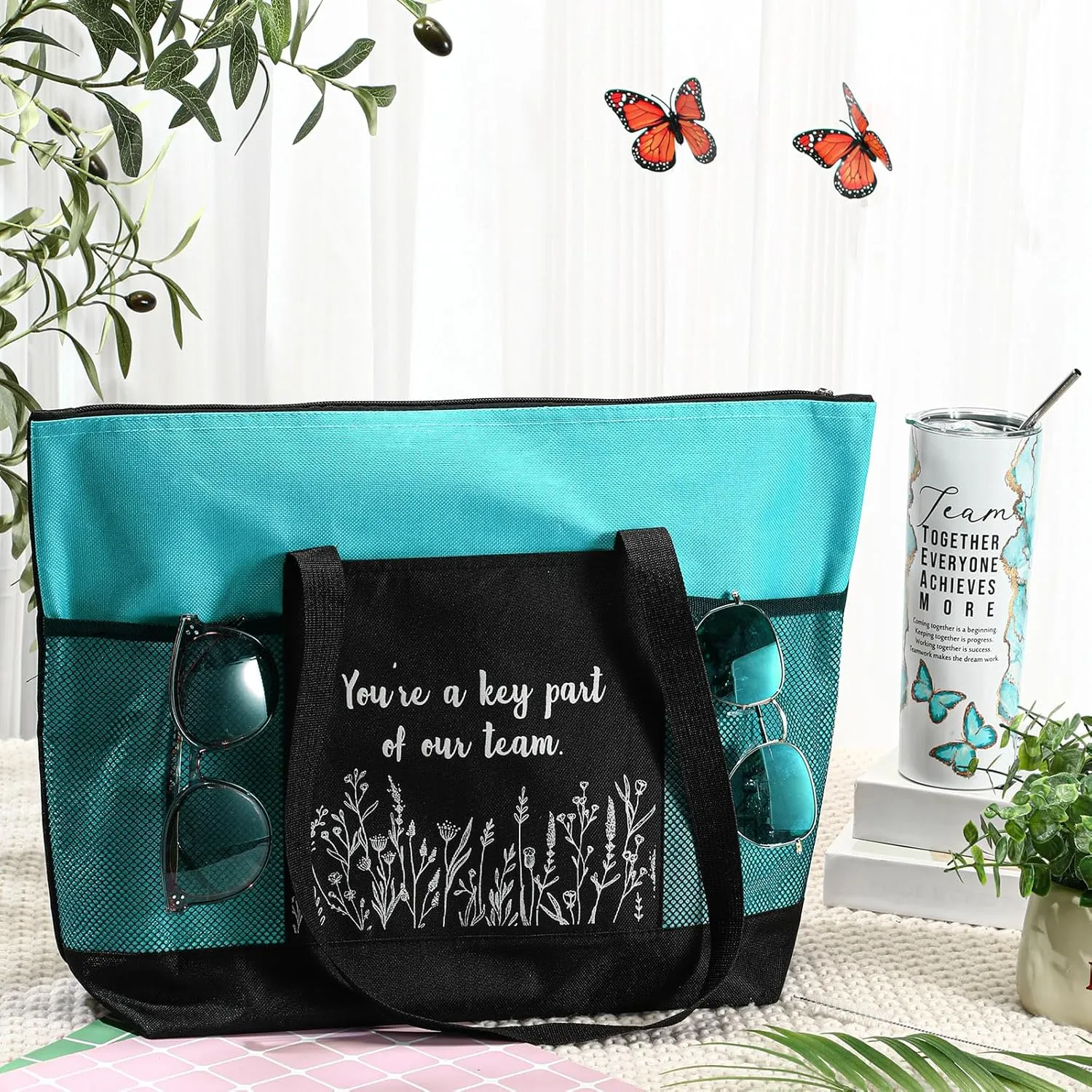 Buryeah 2 Pcs Employee Appreciation Week Gift for Team Staff 20 oz Marble Tumbler with Lid Large Tote Bag with Mesh Pockets Administrative Office Business Gift for Assistant Volunteer(Green)