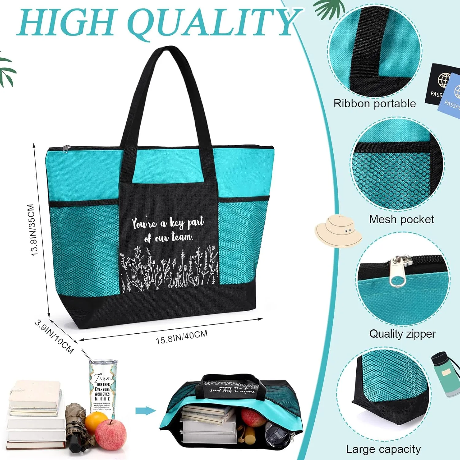 Buryeah 2 Pcs Employee Appreciation Week Gift for Team Staff 20 oz Marble Tumbler with Lid Large Tote Bag with Mesh Pockets Administrative Office Business Gift for Assistant Volunteer(Green)