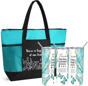 Buryeah 2 Pcs Employee Appreciation Week Gift for Team Staff 20 oz Marble Tumbler with Lid Large Tote Bag with Mesh Pockets Administrative Office Business Gift for Assistant Volunteer(Green)