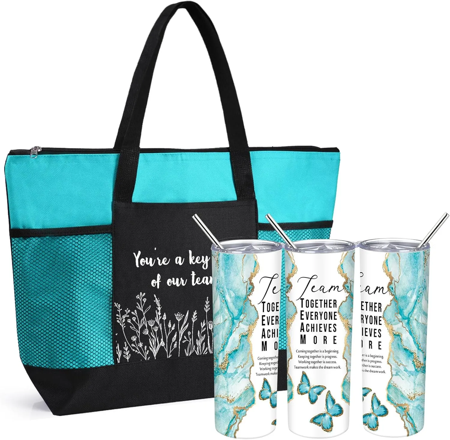 Buryeah 2 Pcs Employee Appreciation Week Gift for Team Staff 20 oz Marble Tumbler with Lid Large Tote Bag with Mesh Pockets Administrative Office Business Gift for Assistant Volunteer(Green)