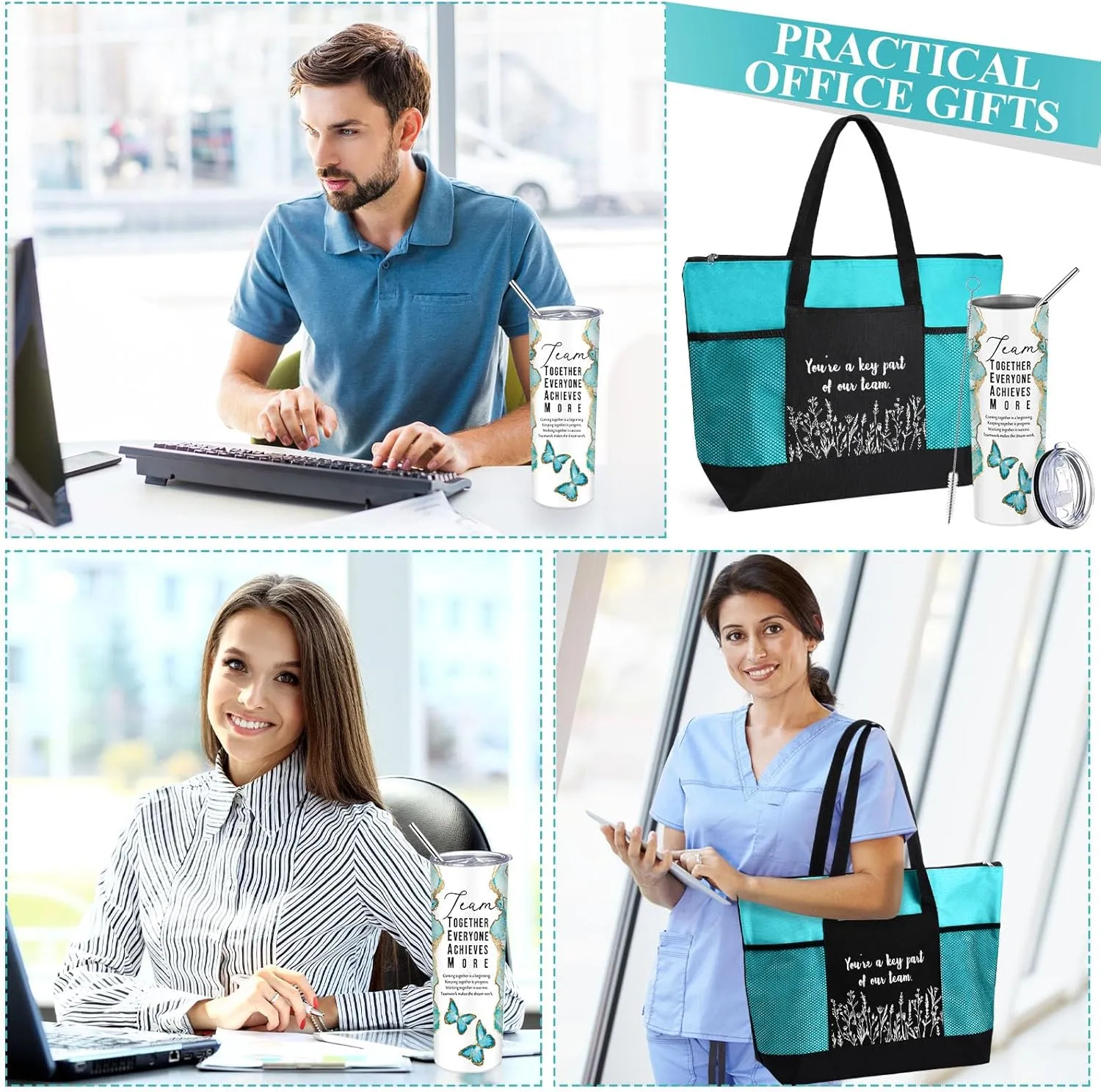 Buryeah 2 Pcs Employee Appreciation Week Gift for Team Staff 20 oz Marble Tumbler with Lid Large Tote Bag with Mesh Pockets Administrative Office Business Gift for Assistant Volunteer(Green)
