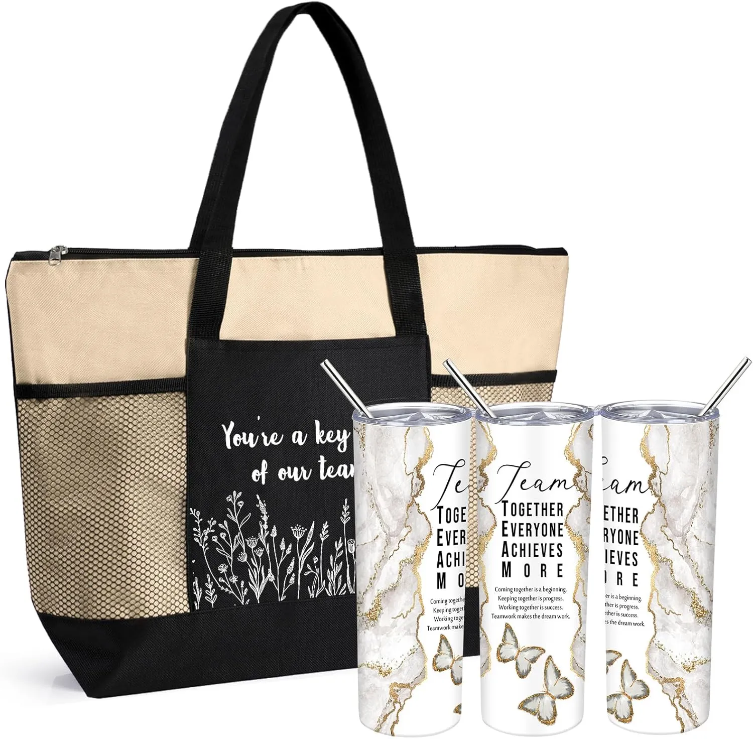 Buryeah 2 Pcs Employee Appreciation Week Gift for Team Staff 20 oz Marble Tumbler with Lid Large Tote Bag with Mesh Pockets Administrative Office Business Gift for Assistant Volunteer(Khaki)