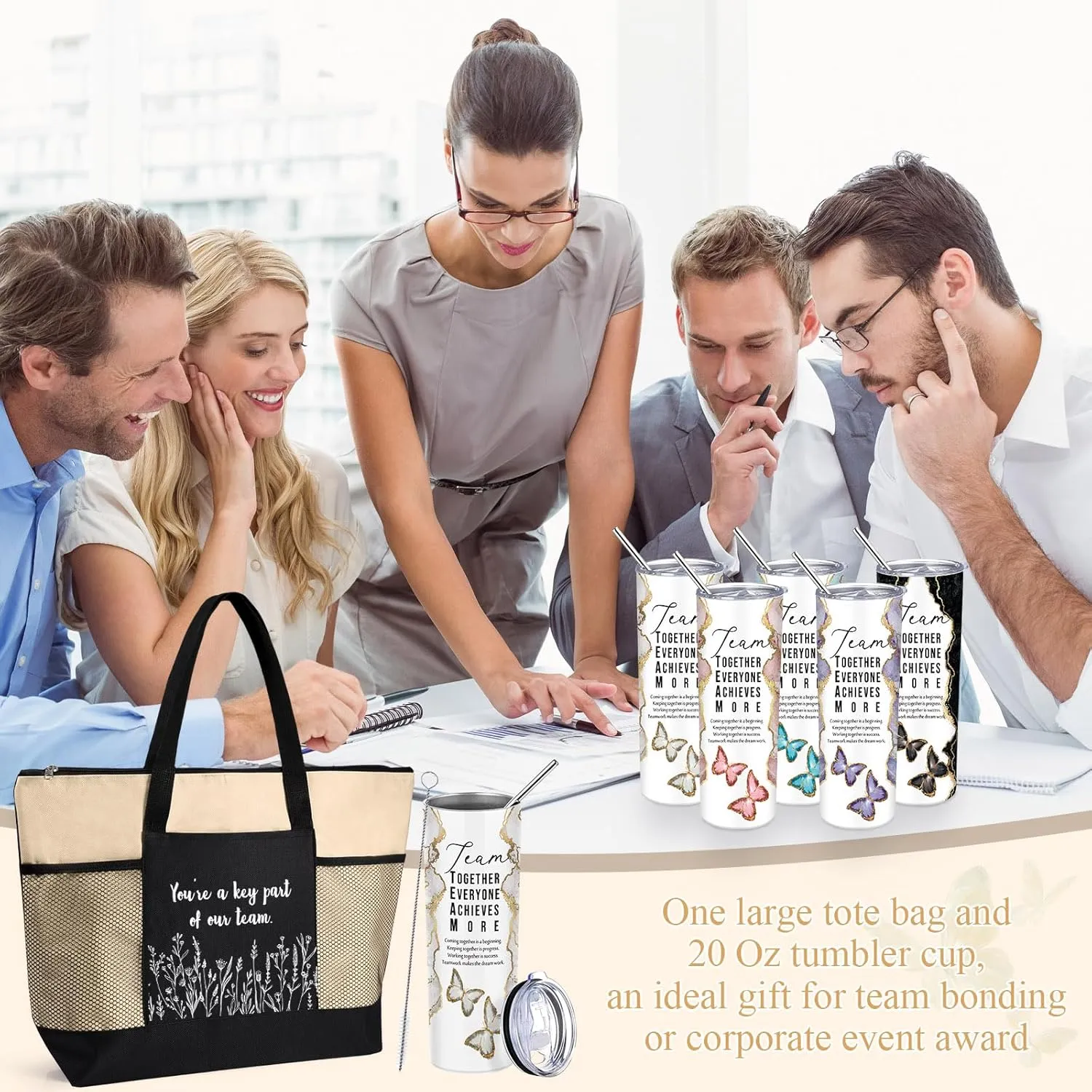 Buryeah 2 Pcs Employee Appreciation Week Gift for Team Staff 20 oz Marble Tumbler with Lid Large Tote Bag with Mesh Pockets Administrative Office Business Gift for Assistant Volunteer(Khaki)