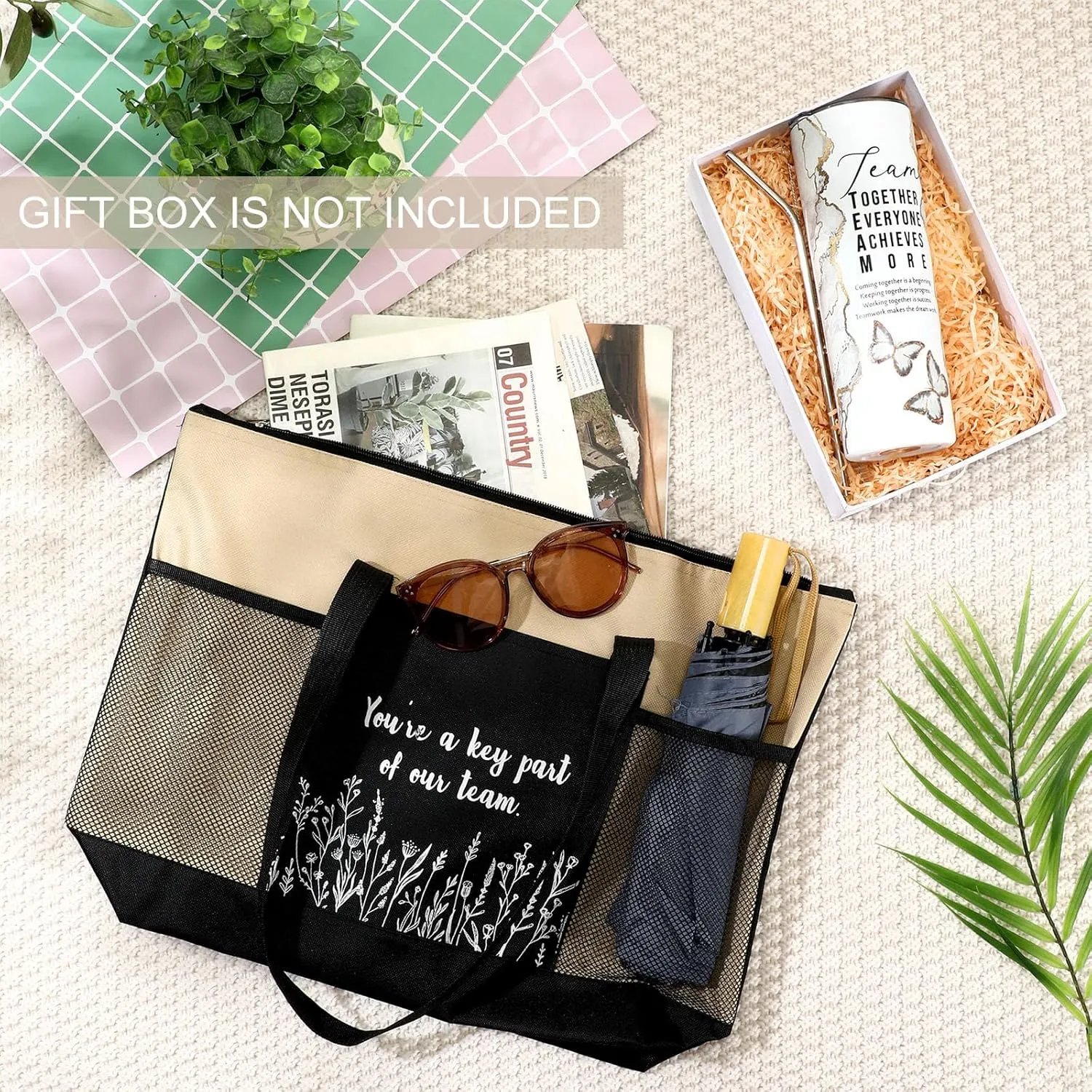 Buryeah 2 Pcs Employee Appreciation Week Gift for Team Staff 20 oz Marble Tumbler with Lid Large Tote Bag with Mesh Pockets Administrative Office Business Gift for Assistant Volunteer(Khaki)