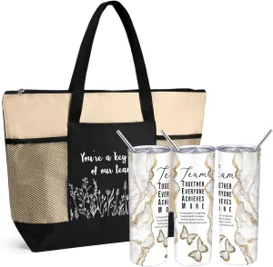 Buryeah 2 Pcs Employee Appreciation Week Gift for Team Staff 20 oz Marble Tumbler with Lid Large Tote Bag with Mesh Pockets Administrative Office Business Gift for Assistant Volunteer(Khaki)