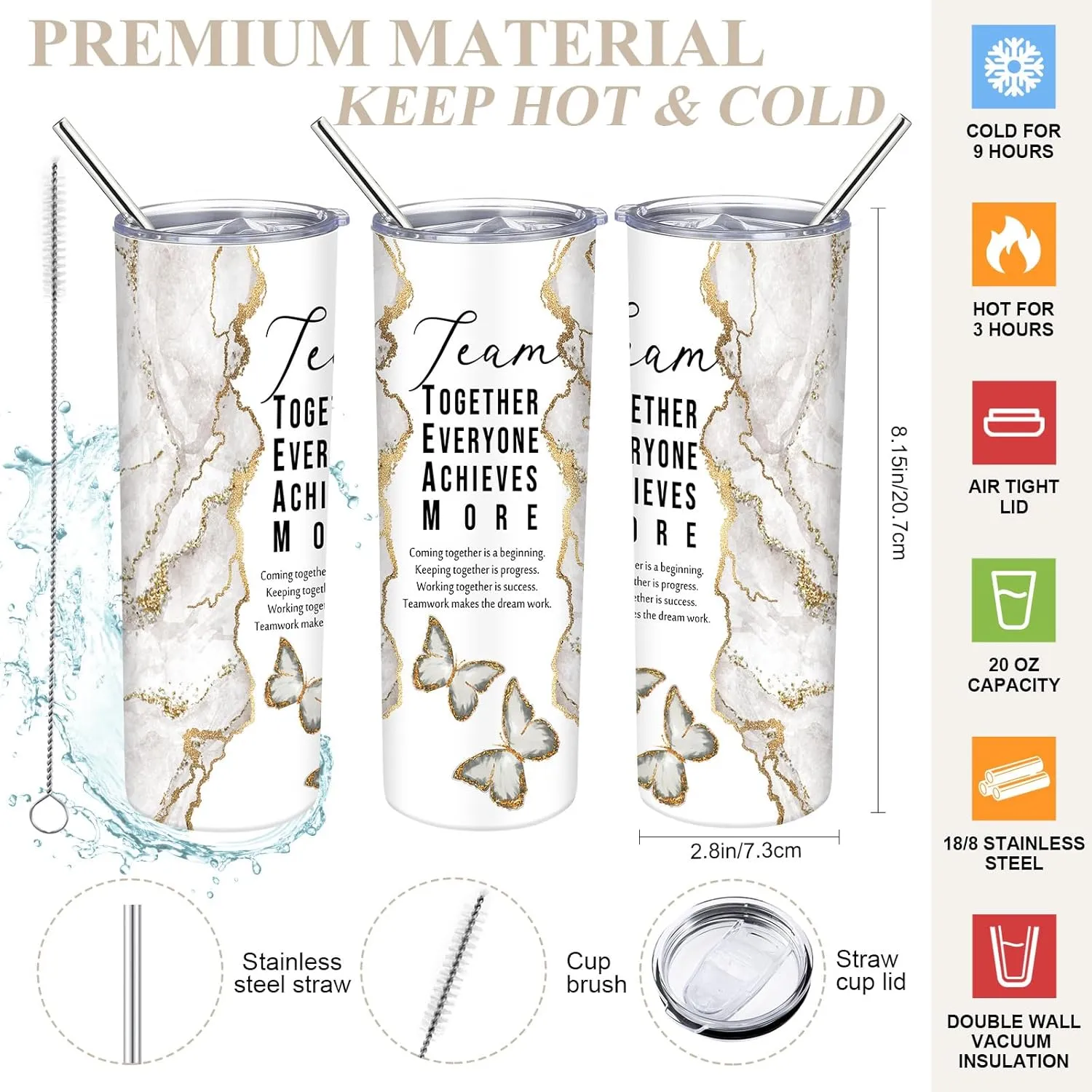 Buryeah 2 Pcs Employee Appreciation Week Gift for Team Staff 20 oz Marble Tumbler with Lid Large Tote Bag with Mesh Pockets Administrative Office Business Gift for Assistant Volunteer(Khaki)