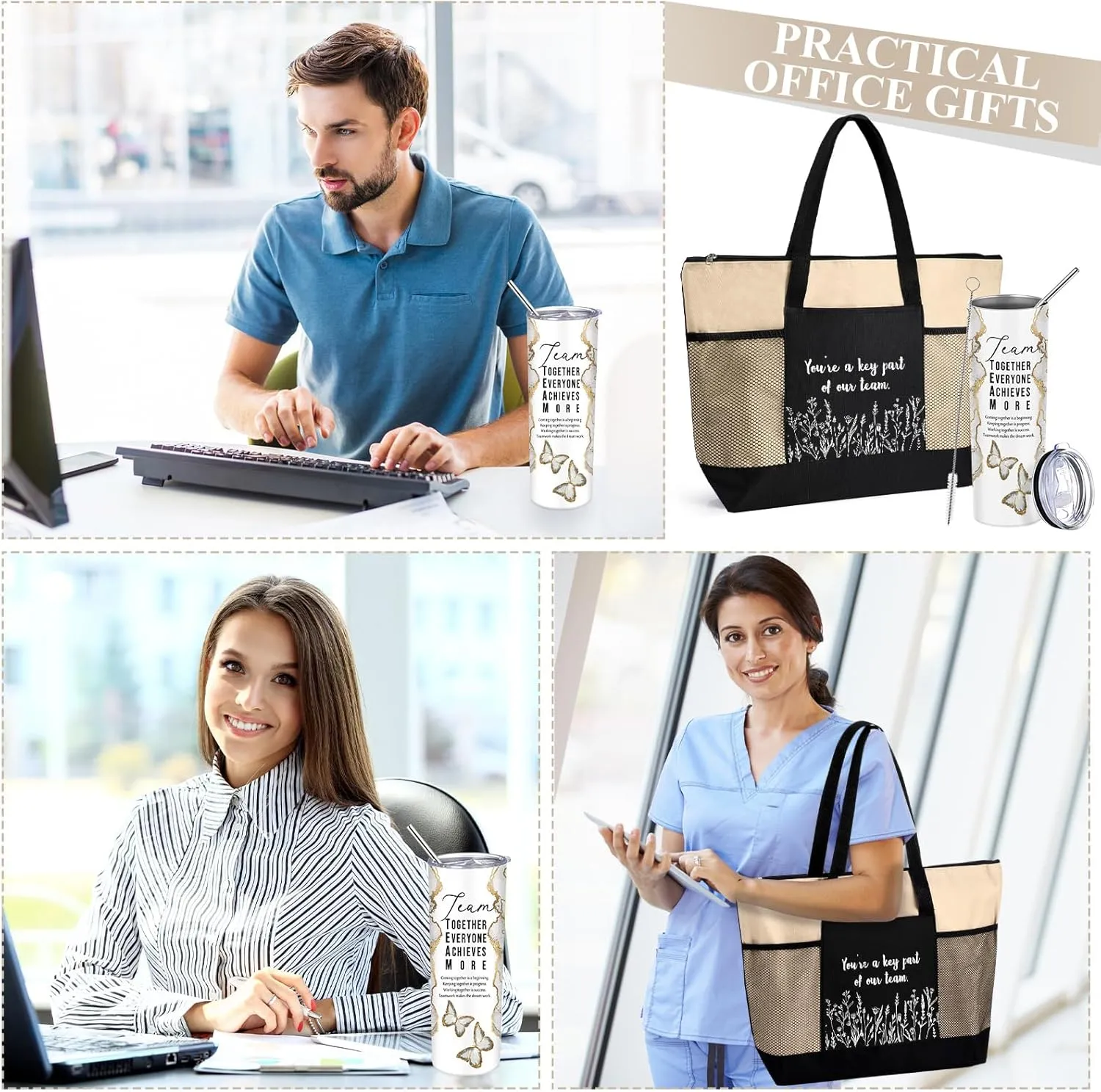 Buryeah 2 Pcs Employee Appreciation Week Gift for Team Staff 20 oz Marble Tumbler with Lid Large Tote Bag with Mesh Pockets Administrative Office Business Gift for Assistant Volunteer(Khaki)