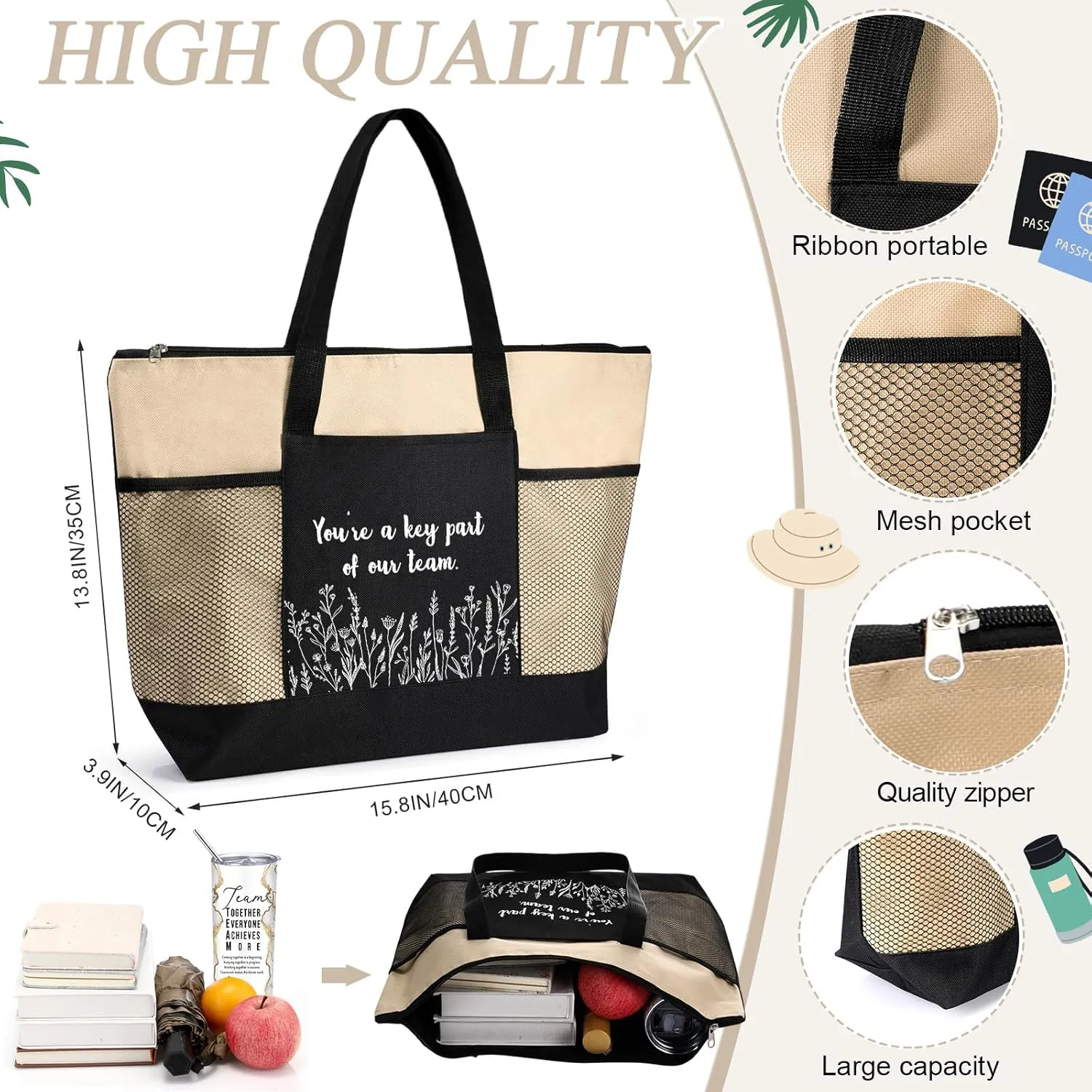 Buryeah 2 Pcs Employee Appreciation Week Gift for Team Staff 20 oz Marble Tumbler with Lid Large Tote Bag with Mesh Pockets Administrative Office Business Gift for Assistant Volunteer(Khaki)