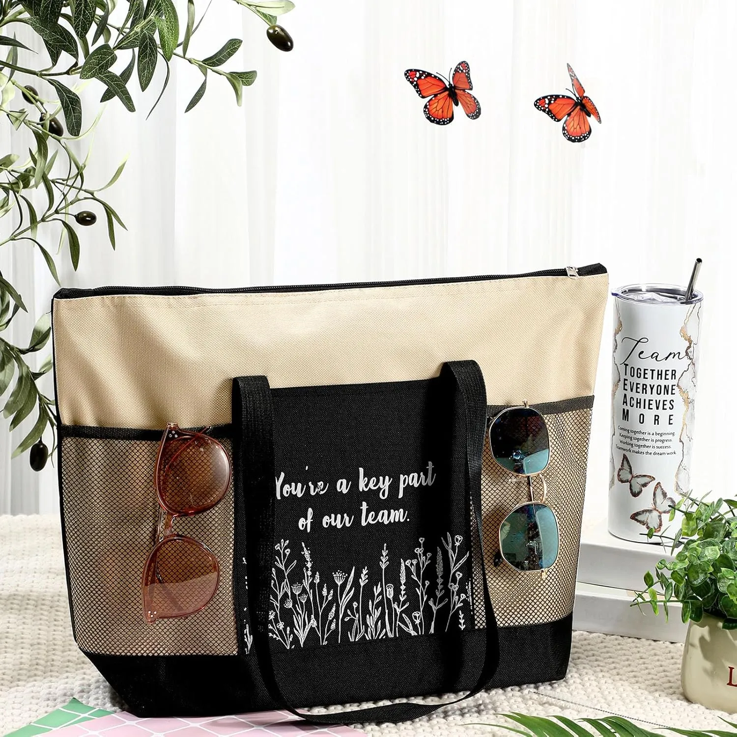 Buryeah 2 Pcs Employee Appreciation Week Gift for Team Staff 20 oz Marble Tumbler with Lid Large Tote Bag with Mesh Pockets Administrative Office Business Gift for Assistant Volunteer(Khaki)