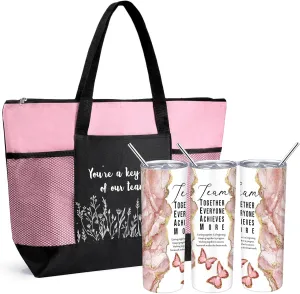 Buryeah 2 Pcs Employee Appreciation Week Gift for Team Staff 20 oz Marble Tumbler with Lid Large Tote Bag with Mesh Pockets Administrative Office Business Gift for Assistant Volunteer(Pink)