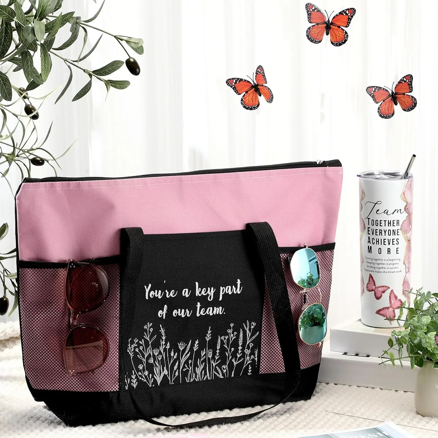 Buryeah 2 Pcs Employee Appreciation Week Gift for Team Staff 20 oz Marble Tumbler with Lid Large Tote Bag with Mesh Pockets Administrative Office Business Gift for Assistant Volunteer(Pink)