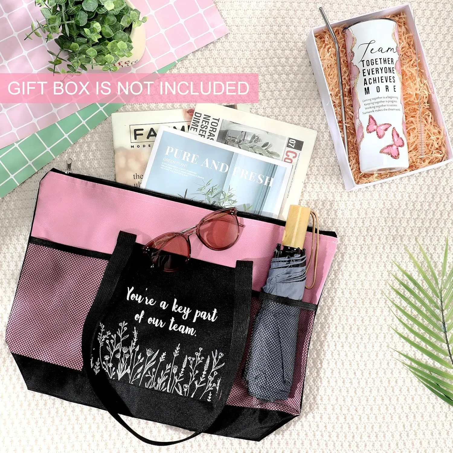 Buryeah 2 Pcs Employee Appreciation Week Gift for Team Staff 20 oz Marble Tumbler with Lid Large Tote Bag with Mesh Pockets Administrative Office Business Gift for Assistant Volunteer(Pink)