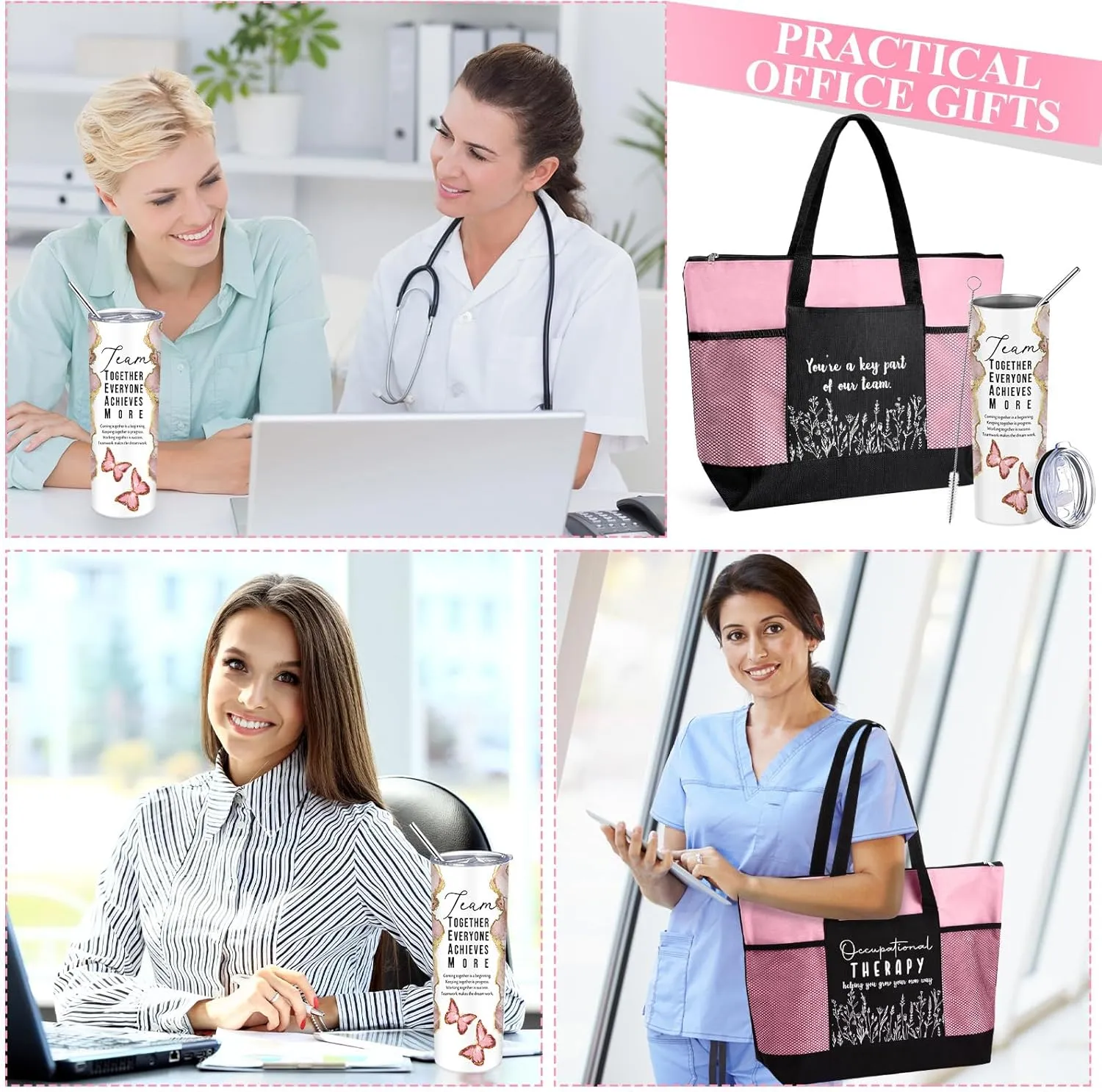 Buryeah 2 Pcs Employee Appreciation Week Gift for Team Staff 20 oz Marble Tumbler with Lid Large Tote Bag with Mesh Pockets Administrative Office Business Gift for Assistant Volunteer(Pink)