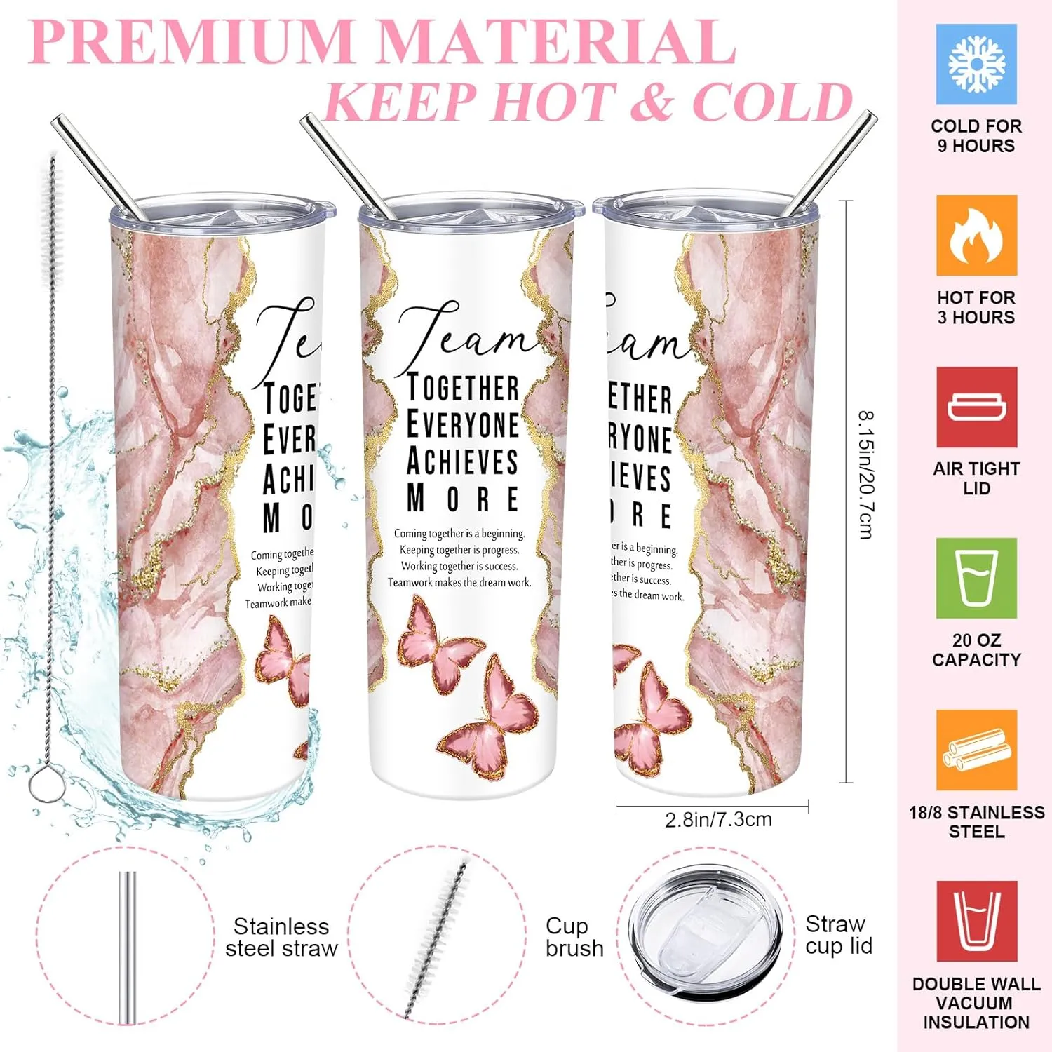 Buryeah 2 Pcs Employee Appreciation Week Gift for Team Staff 20 oz Marble Tumbler with Lid Large Tote Bag with Mesh Pockets Administrative Office Business Gift for Assistant Volunteer(Pink)