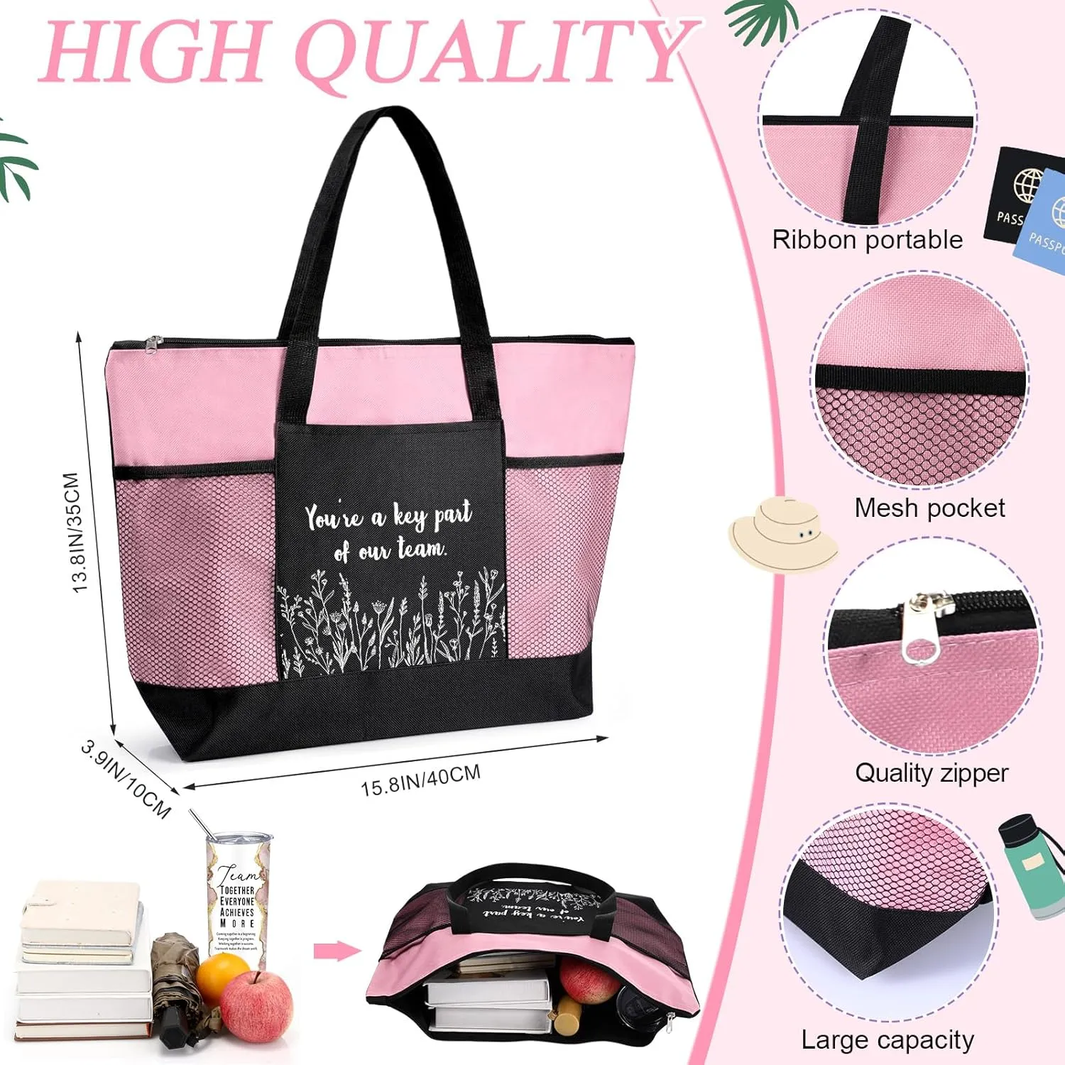 Buryeah 2 Pcs Employee Appreciation Week Gift for Team Staff 20 oz Marble Tumbler with Lid Large Tote Bag with Mesh Pockets Administrative Office Business Gift for Assistant Volunteer(Pink)