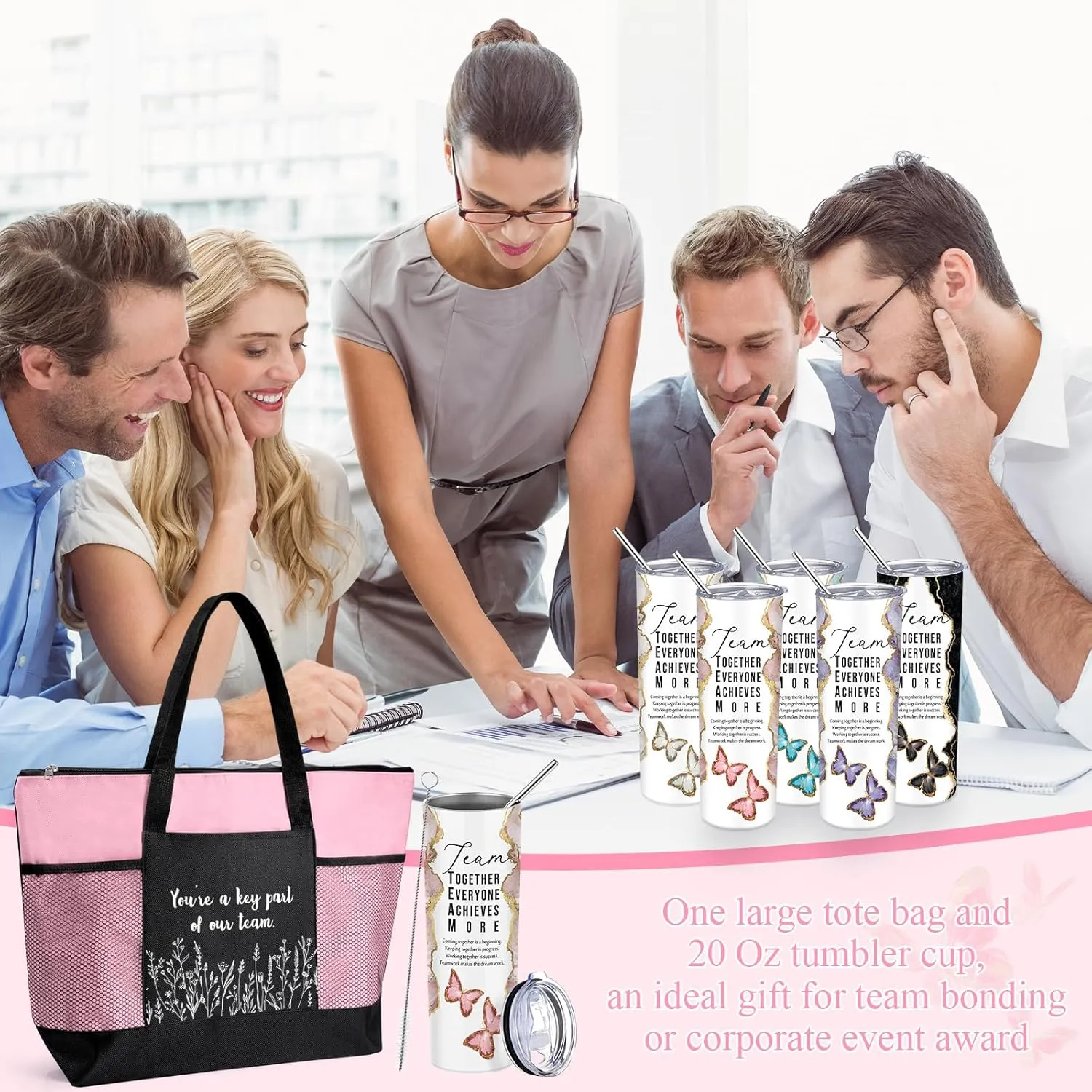 Buryeah 2 Pcs Employee Appreciation Week Gift for Team Staff 20 oz Marble Tumbler with Lid Large Tote Bag with Mesh Pockets Administrative Office Business Gift for Assistant Volunteer(Pink)