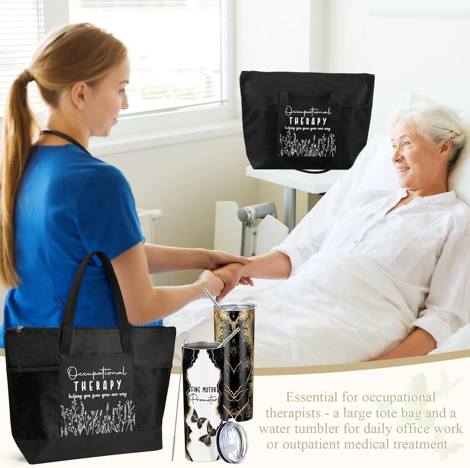 Buryeah 2 Pcs The Occupational Therapy Gift Fine Motor Promoter 20 oz Marble Sign Tumbler with Lid Large Tote Bag with Mesh Pockets OT Month Thank You Gift for Mental Healthy Psychology(Black)